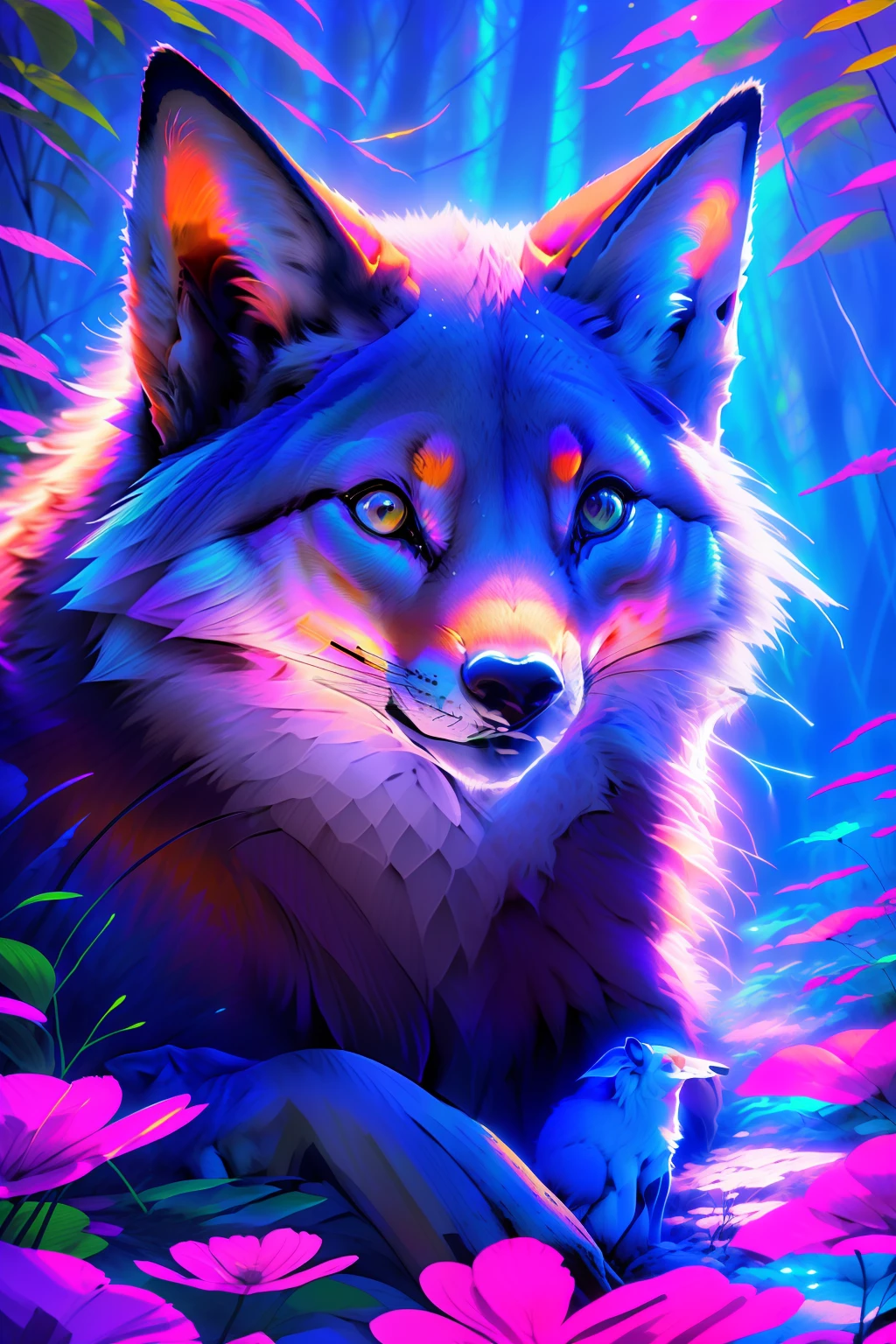 Antro Raposa realista de cores vivas iriscente com olhos brilhantes e cauda brilhante, ultra realistic antropomorph ethereal fox, raposa digital iriscente, arte de fantasia digital colorida, arte digital luminescente, Arte digital altamente detalhada em 4k, 8k arte impressionante, Arte bonita UHD 4K, Arte digital detalhada em 4k,