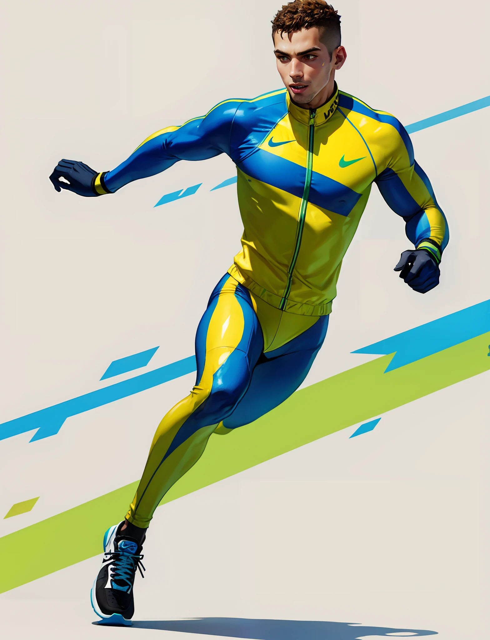 a man running in a yellow and black suit with green splats, nike cycling suit, sprinting, athletic fashion photography, made with photoshop, sports clothing, tech wear!!!, photo render, athlete photography, wearing track and field suit, artistic render, futuristic tech wear, fullbody painting, sport clothing, photoshopped, athletic body, full body painting, running pose