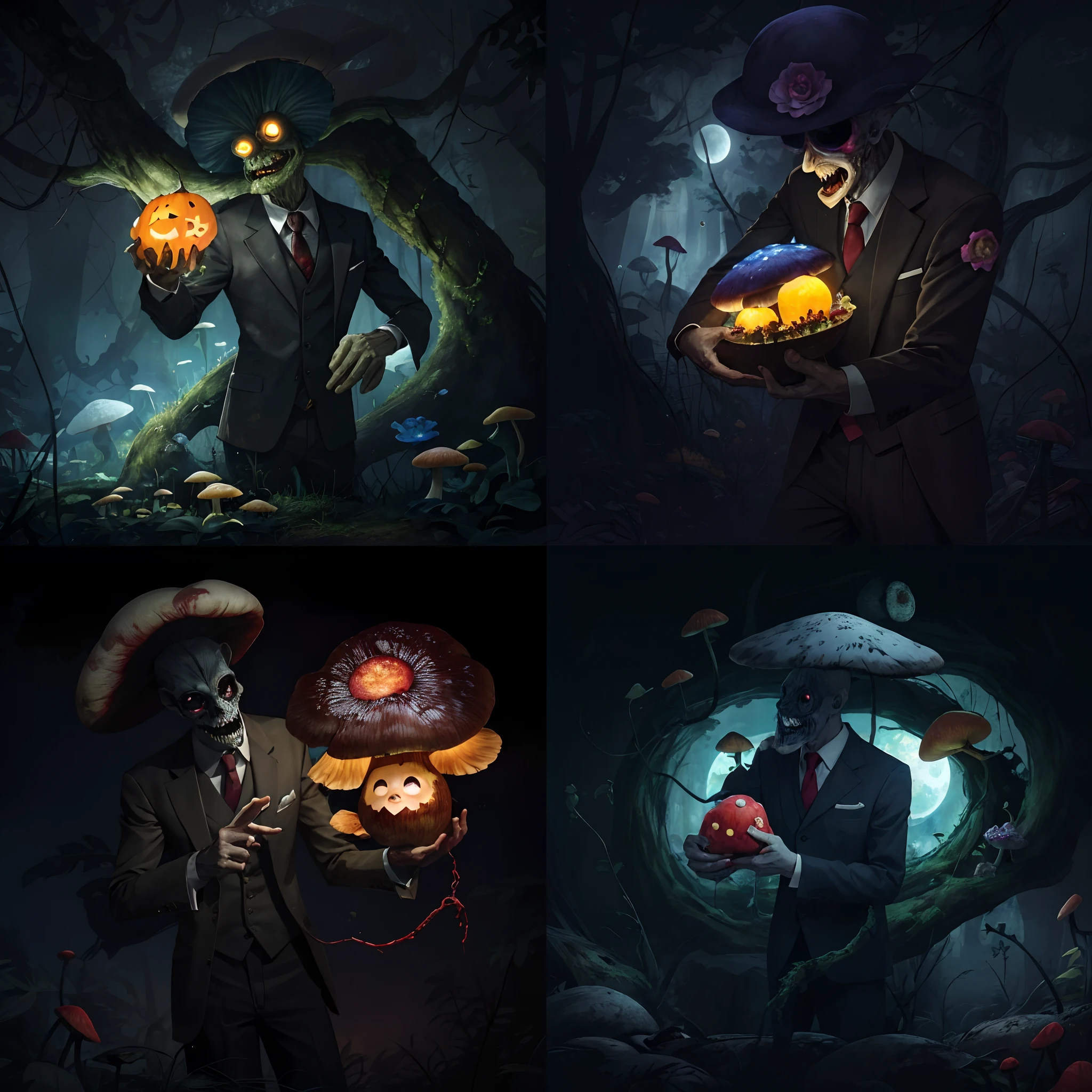 A man with long hands and legs, dressed in a suit, It's an eyeless monster in the Moon Factory, Very scary and supernatural,Ghost painting,Bizarre encounters,Magic by,Creepy doll,Sinister shadows,Demon-possessed,The Cursed Mirror,Prank activity,Zombie apocalypse,Horrible cemetery,Blood Moon,Close-up of a bunch of mushrooms in the forest, mushroom city, Mushroom forest, cyber mushroom city, mushroom house, himawari,Pomegranate flowers,pumpkins,Lotus leaf,rosette