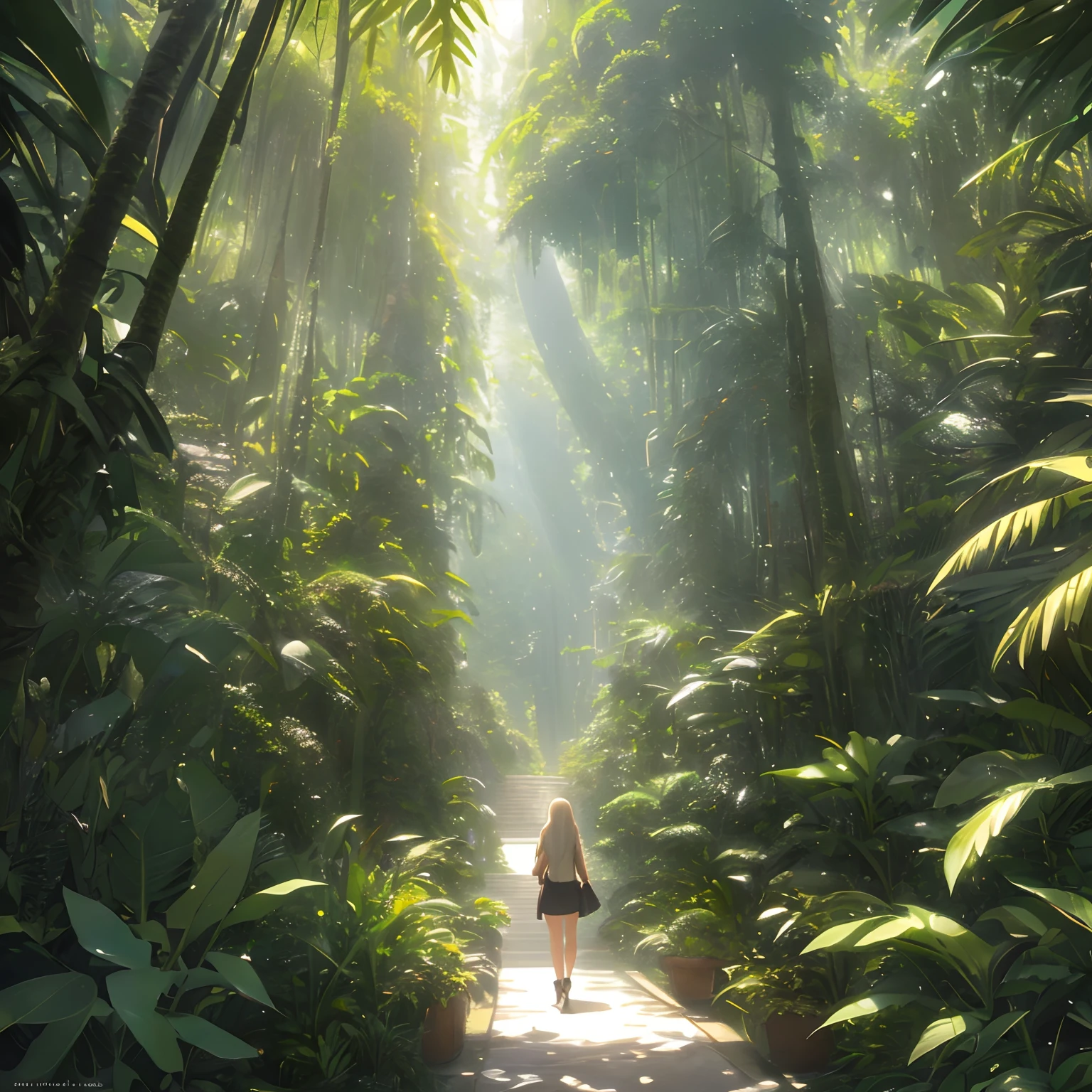 Absurdres, highres, ultra detailed, (ultra-detailed background, detailed background), extremly detailed, Digital illustration, detailed and intricate, of a dense jungle filled with exotic plants and animals, the sunlight filtering through the canopy creating a dappled effect. In the style of Yoshitaka Amano and Hayao Miyazaki, masterpiece, proportional, detailed, trending on artstation, beautiful lighting, realistic, intricate, award winning, 4k, highest quality Award-winning, 4K digital painting in the style of Yoshitaka Amano, masterfully capturing the chaos and drama of the scene. Beautiful lighting and cinematic composition make this piece a true masterpiece, trending on artstation, 1 girl walking, solo, beautiful and cool, mysterious atmosphere, seductive face, long platina blond straight hair, from above, (3d)
