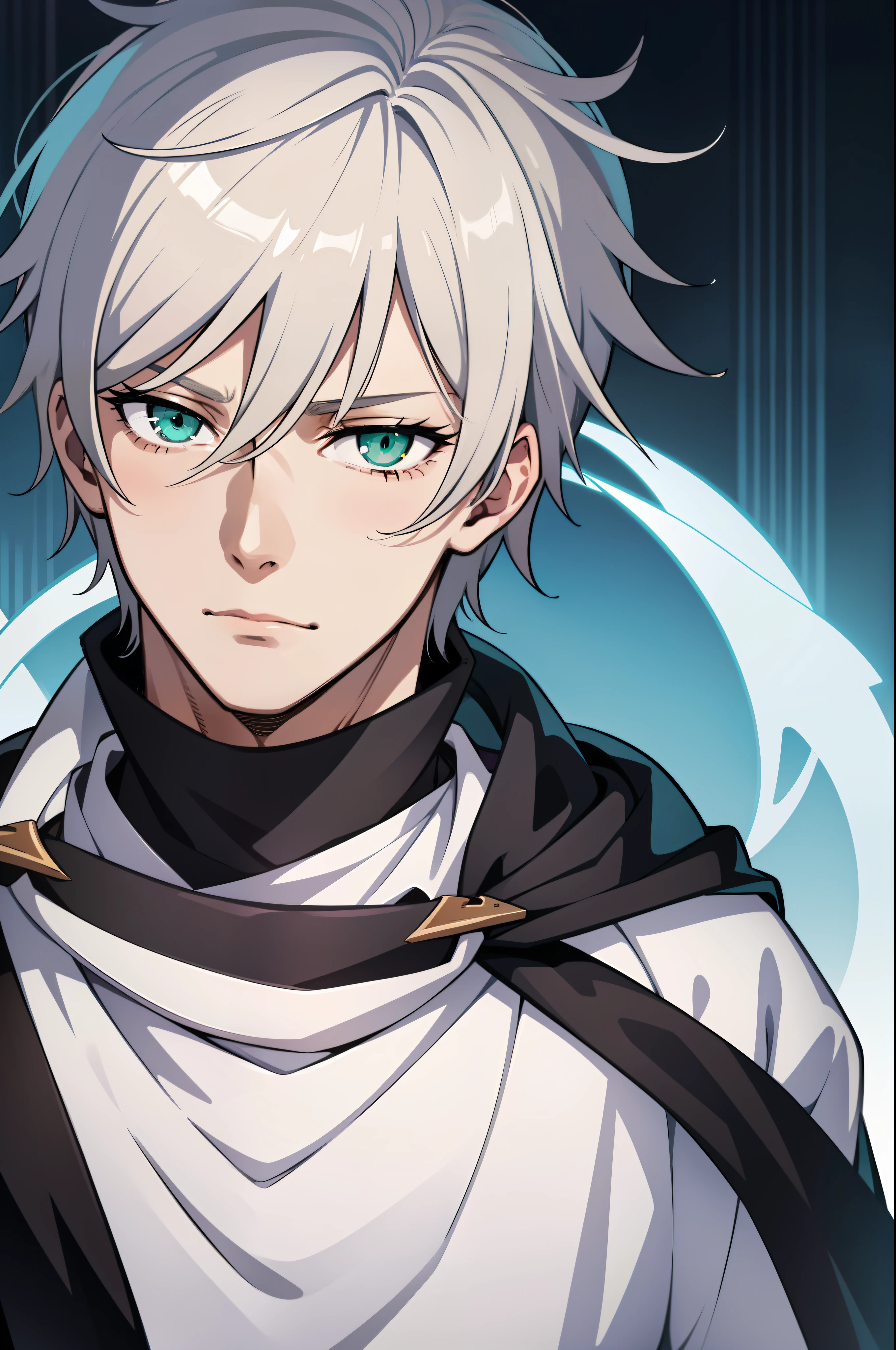 Close-up of a man in a black and white sweatshirt and short white hair,Green eyes,male anime character,Teenage uncensored,Arthur Pendragon,Male anime style,Handsome anime pose,2D,solo person,high and cold