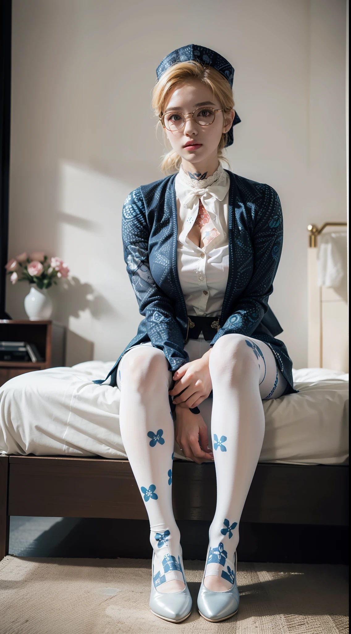 (full body:1.5),(((1girl)):1.3),(view the viewer:1.4),((anatomy correct):1.45),(((Sitting on the bed in the bedroom))):1.3),(she wears large glasses and Holding a bouquet of fresh flowers in his hand:1.2),(shy:1.15),((nun's set):1.2),(((((((Patterned)))))) ,((white pantyhose)):1.3),(((tattoo)):1.3),( Uniform high heels leather shoes with bows for female students:1.1),(Accurate and perfect face:1.3),((red-eyed blonde):1.2),hyper HD, Ray traching, reflective light, structurally correct, Award-Awarded, high detail, lighten shade contrast, Face lighting ,cinematic lighting, masterpiece, super detailing, high quality, high detail, best quality, 16k,High contrast,
