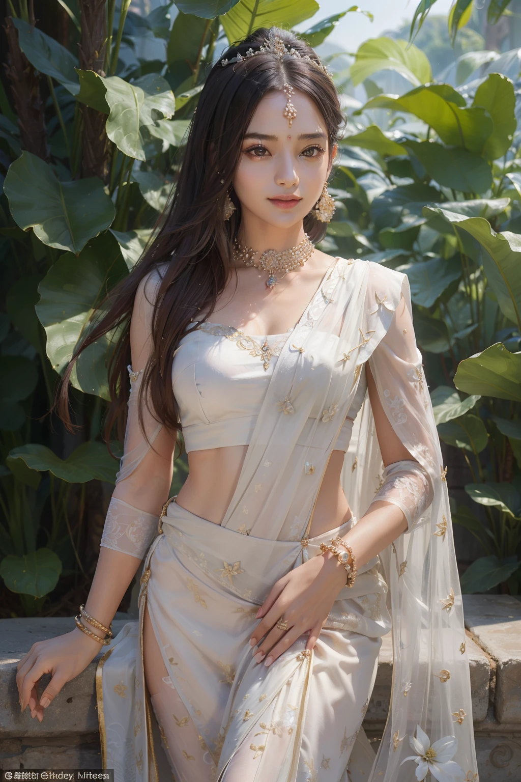 ((top-quality、​masterpiece、photographrealistic:1.4、8K))、Beautuful Women、full bodyesbian、、delicate and beautiful face、Lady of India's Great Noble Lady、（Women of Southeast Asia）、（Luxury saris and headdress in Indian style）、Luxury accessories、saree、Beautiful lighting、Textured skin、Super Detail、high detailing、High quality、hight resolution、（Dancing happily in a beautiful Indian-style garden。Indian castle on background）、florals、The tree々、Elegant smile、（looking at the viewers）、a tiger