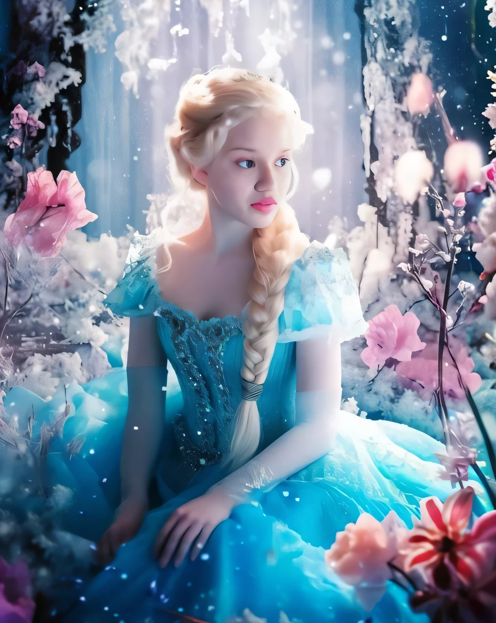 uma mulher em um vestido azul sentado em um jardim com flores, Elsa bonita, princesa bonita, Elsa Congelada, fantasia bonita, Princesa do gelo, Elsa, Frozen, princesa feminina bonita, fantasy fairytale story, Emma Watson como a Rainha do Gelo, com flores congeladas ao seu redor, princesa de inverno, bela fantasia, lovely languid princess, Elsa, she has pale blue skin!!!