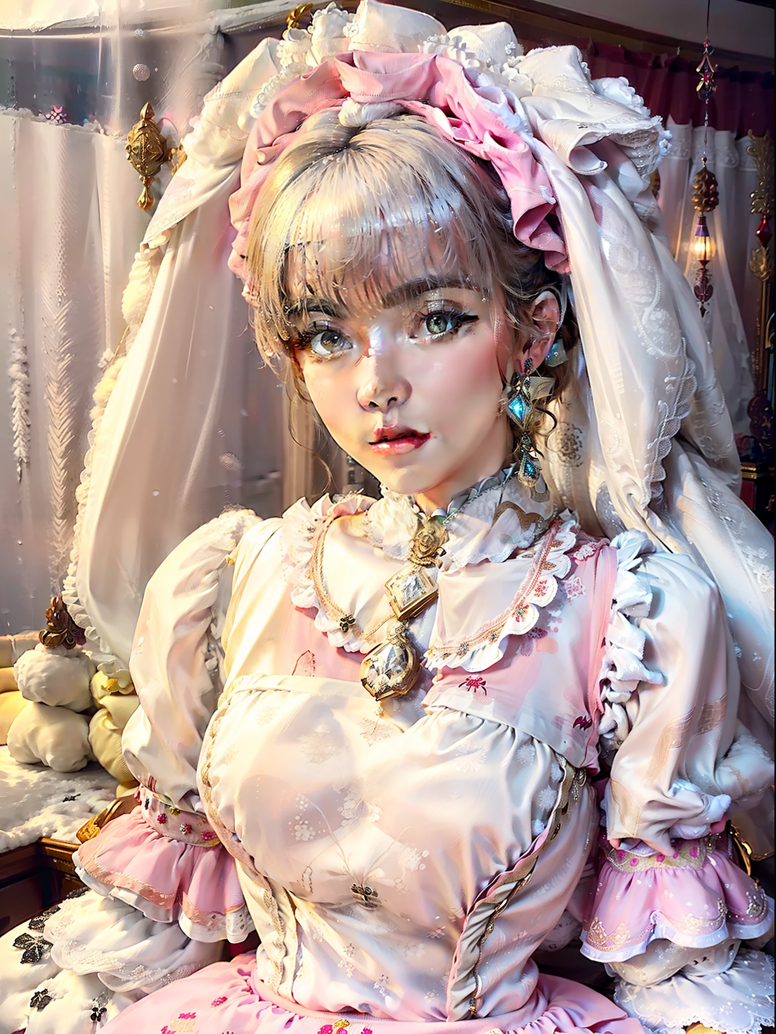 ((Complete Rococo style Lolita dress puffy dress，Elegant，Multi-layer lace，Multi-layered skirt curtain，Light pink and snow-white Lolita dress,There is a sparkling diamond jewelry decoration on the chest))，Off-white room walls，Bright light，Sweet and cute，rich details​，