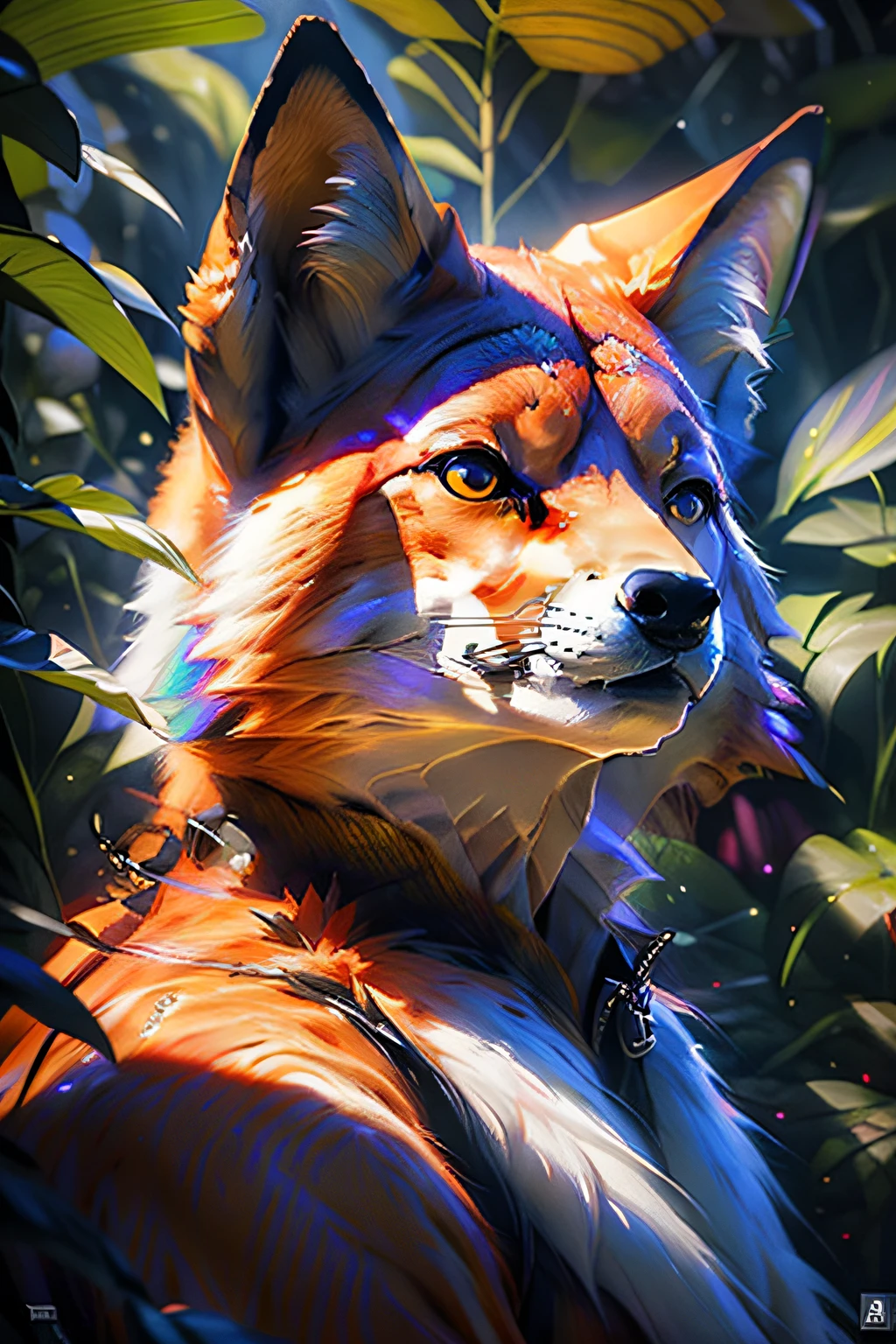 Raposa antropomorphic realista de cores vivas iriscente com olhos brilhantes e cauda brilhante, ultra realistic antropomorph ethereal fox, raposa digital iriscente, arte de fantasia digital colorida, arte digital luminescente, Arte digital altamente detalhada em 4k, 8k arte impressionante, Arte bonita UHD 4K, Arte digital detalhada em 4k,