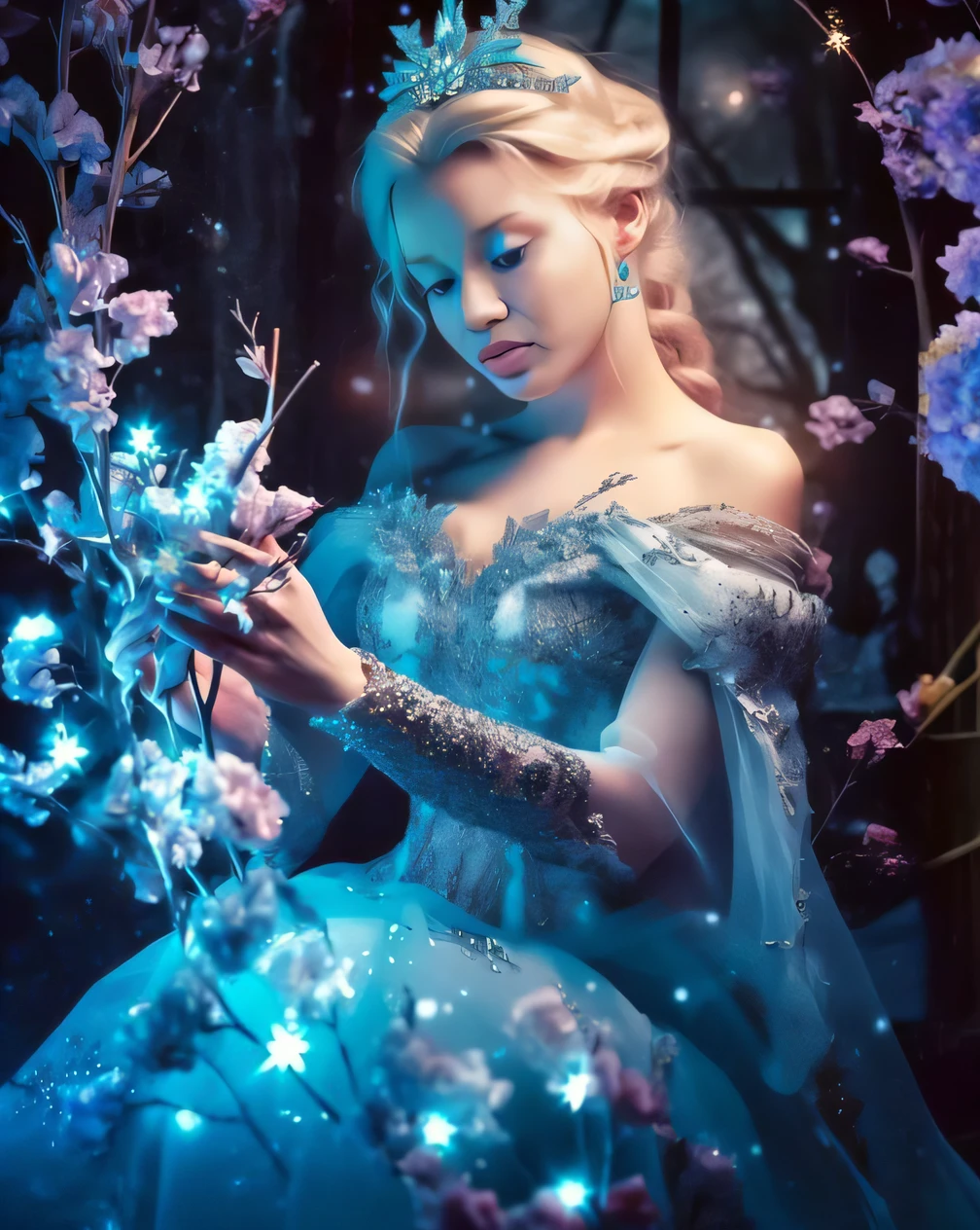 a woman in a blue dress holding a flower in her hand, com flores congeladas ao seu redor, ethereal fairy tale, fantasy gorgeous lighting, fotografia de fantasia, fantasy fairytale story, fantasy photoshoot, Ethereal Fantasy, bela arte de fantasia, Elsa bonita, fantasia bonita, linda donzela fantasia, arte de fantasia muito bonita, very magical and dreamy, senhora com vestido de flores brilhantes, Princesa do gelo