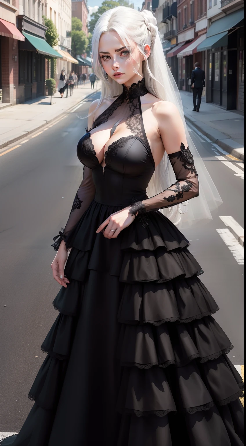 Beautiful woman with read hair with white streaks in a black lacy wedding dress, standing in the middle of the road, looking fierce