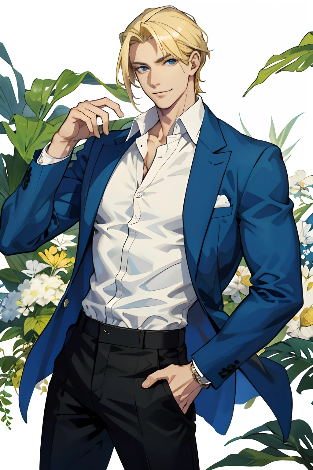 tmasterpiece，best qualtiy，1 male，standing on your feet，AS-Adult，tall muscular，Handsome，Elaborate Eyes，Complicated details，camisa casual，ssmile，blond hairbl，Hands in pockets