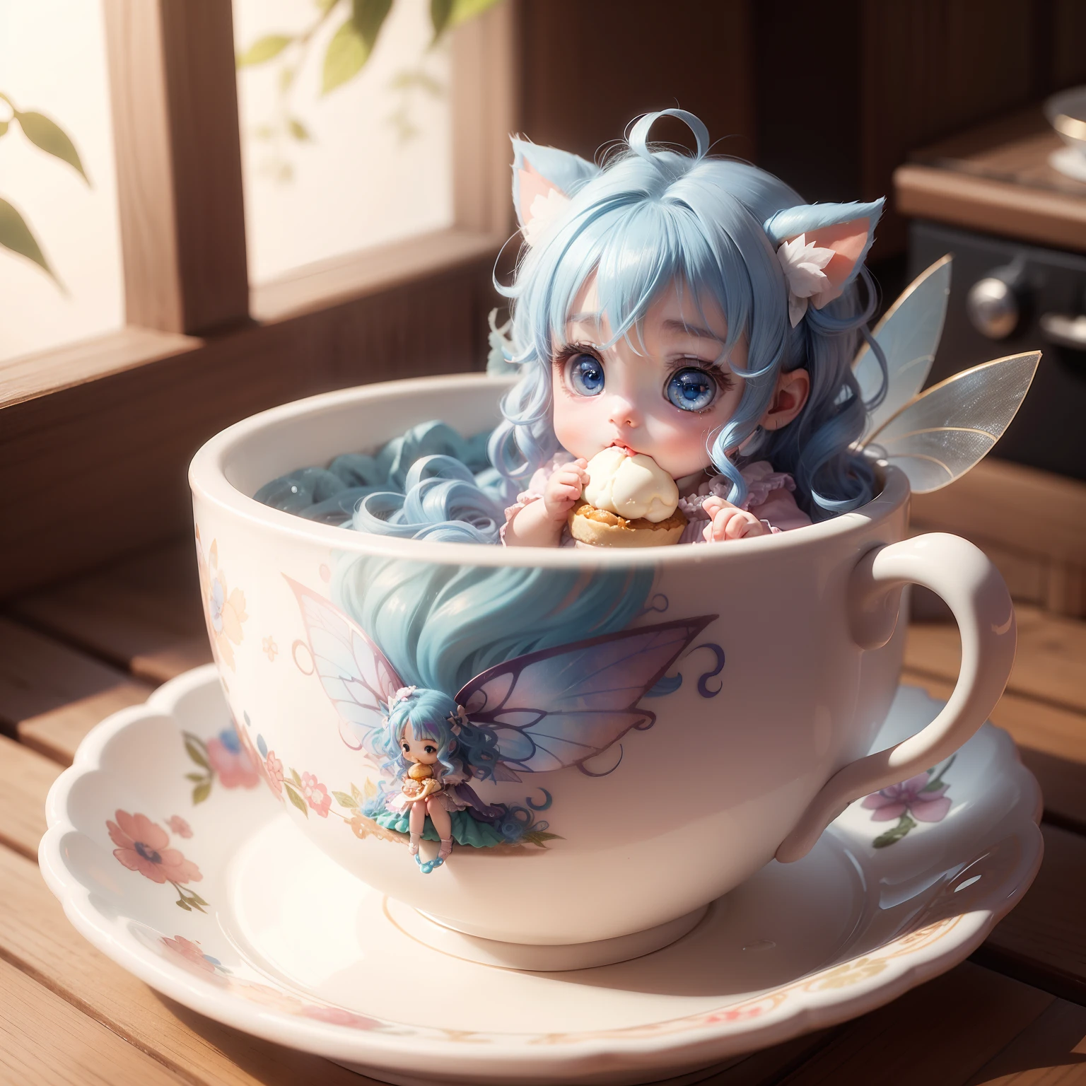 Cute Baby Chibi Anime,A little fairy sitting in a teacup is eating a bun。(Wearing fairy feathers like stained glass:1.5) Blue wavy hair,verd s eyes,Cute kitchen
