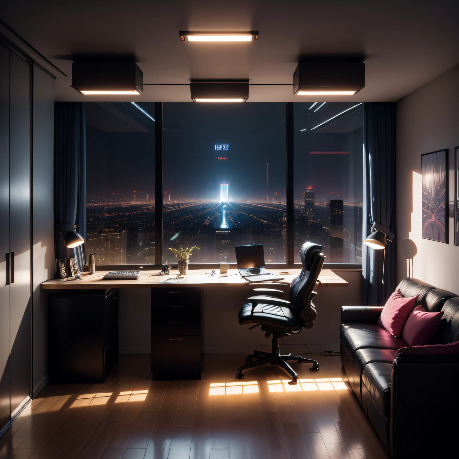 inside in the room，Salle E-sports，Chaises de jeu，luxury house, Bureau informatique，There was a cell phone on the table，earpiece，ordinateur，Floor-to-ceiling window，Cyberpunk Lights，High-rise buildings outside the window，La nuit