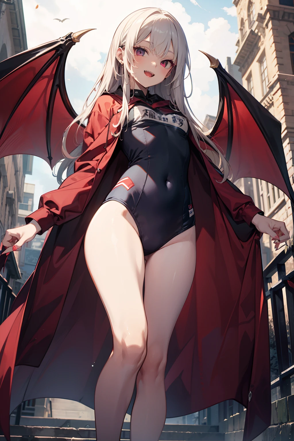 1girl, breasts, solo, highleg, thighhighs, long hair, navel, looking at viewer, smile, blue eyes, open mouth, ass visible through thighs, two side up, head wings, cameltoe, stomach, armpits, red thighhighs, :d, standing, fang, bare shoulders, arm up, bangs, revealing clothes, thighs, blush, outdoors, black bikini, highleg bikini, full moon, highleg panties, moon, medium breasts, skindentation, demon girl, high heels, underwear,
white hair, bikini, large breasts, very long hair, swimsuit, night, toes, off shoulder, hair ornament, cleavage, full body, open clothes, choker, wings, jewelry, wristband, hand up, toeless legwear, earrings, grey hair, skin fang, panties, groin, sandals, wide sleeves, bracelet, detached sleeves, bridal legwear, demon wings, bra, feet, from below, thigh boots, horns, sidelocks, jacket, open jacket, sky, black panties, long sleeves, legs, black bra, purple eyes, boots, dutch angle, twintails, wing hair ornament, cross, stirrup legwear, hair between eyes, partially visible vulva, fangs, red footwear, coat, floating hair, open coat, pointy ears, toeless footwear, demon horns, halloween, vampire, pelvic curtain, toenails, midriff, building, black footwear, string bikini, black choker, covered nipples, stairs, indoors, bat wings, breasts apart, detached collar, bat hair ornament, demon tail, night sky, lantern, ruins, red bikini, cloud, v-shaped eyebrows, simple background, white background, string panties, contrapposto, black jacket, +_+, sideboob, robe, cross earrings, watermark, crossed bangs, shoes, pubic tattoo, waving, collarbone, outstretched arm, thong, toenail polish,