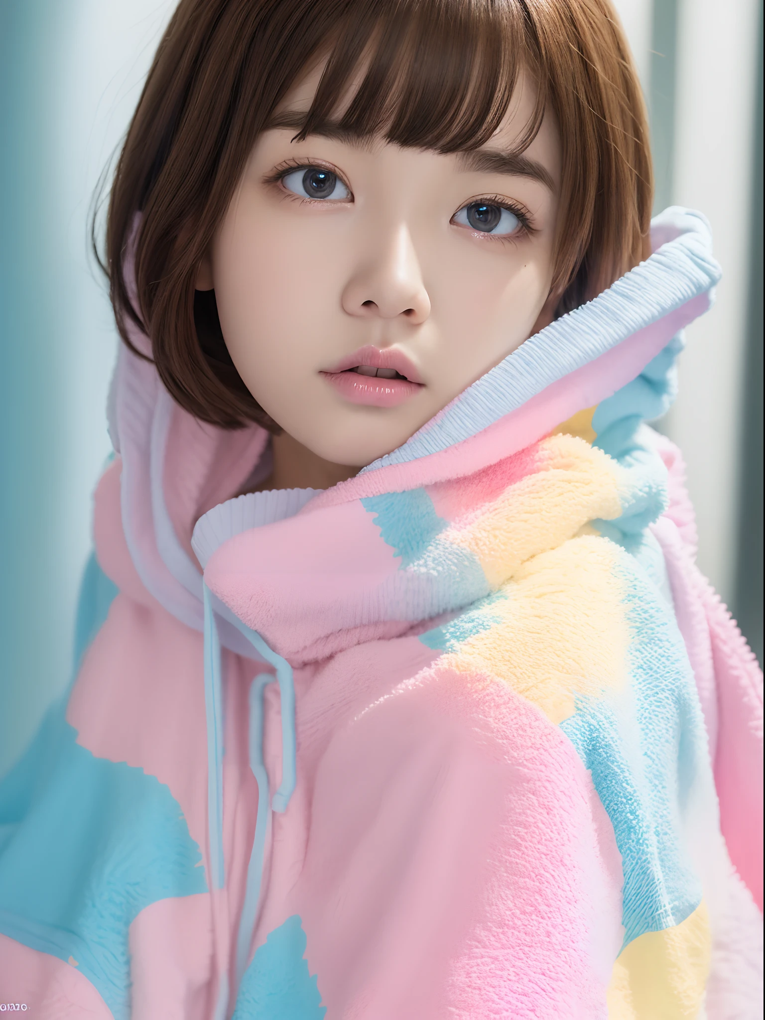 the Extremely Detailed CG Unity 8K Wallpapers、top-quality、ultra-detailliert、masterpiece、studio shoot、Full body portrait、(Pink and Light Blue and Pale Yellow Multicolor Hoodie, Towel fabric:1.4), realisitic、Behind the photo、large full breasts、realisitic、Photo Real、extremely detailed cute girl、独奏、、sleepy expression, on the beds, Brown hair, Long bob cut, dishevled hair, Floating hair、Sleeping habits、out of focus、blur、
