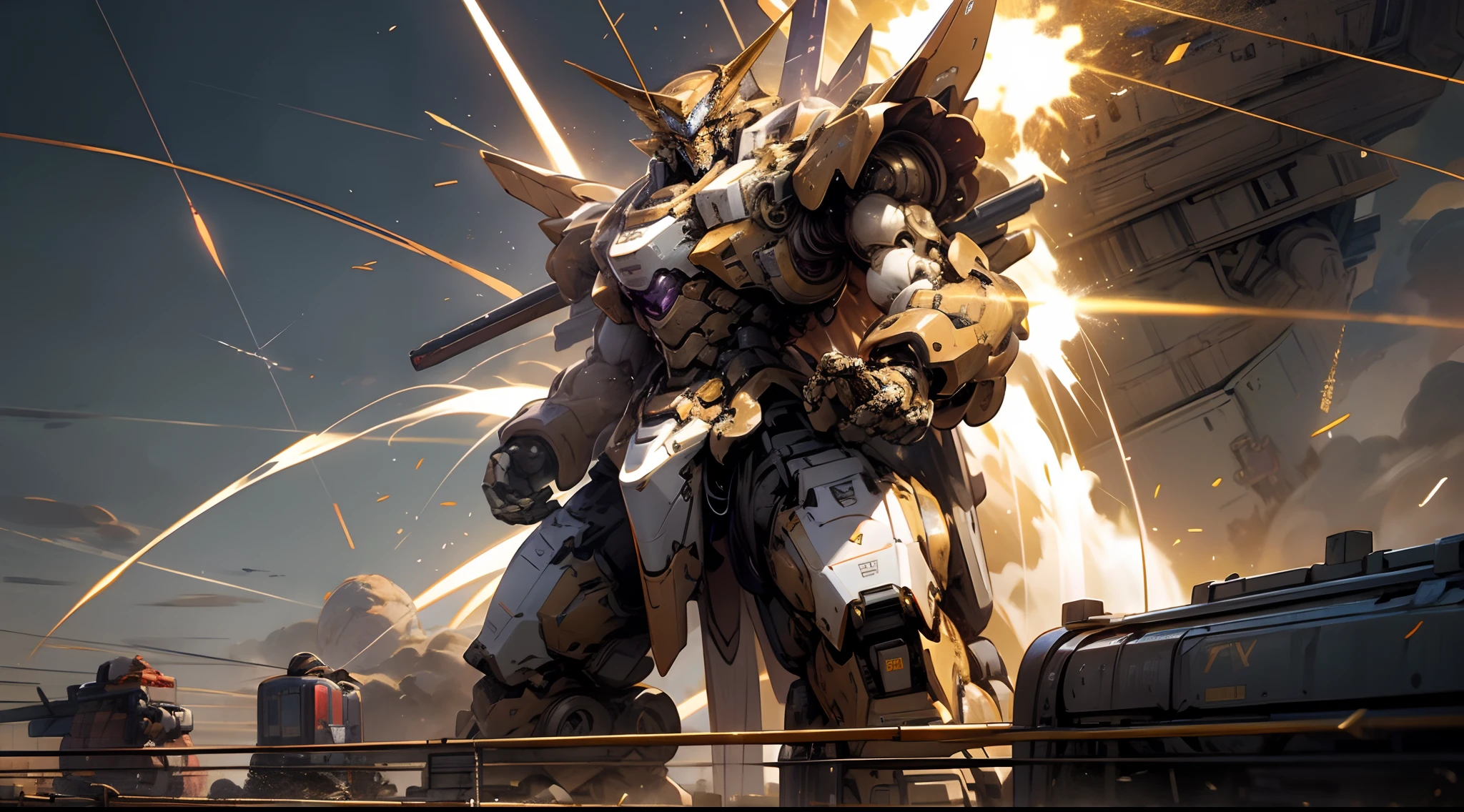 A giant golden titan robot，Titan robot made of amethyst，Titan robots have huge weapons，There are missile launchers。There are a large number of humans using guns to attack titan robots，Sparkling ，Detailed picture ，Huge chains