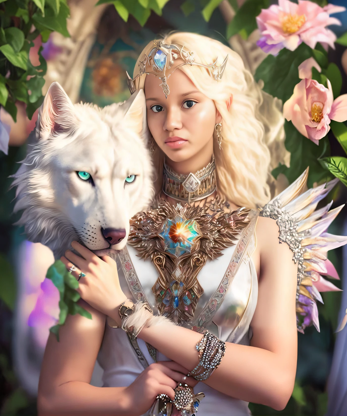 Mulher loira com lobo branco e olhos azuis em um jardim, bela arte de fantasia, retrato bonito da arte da fantasia, arte de fantasia muito bonita, estilo de arte de fantasia, arte de fantasia detalhada, retrato bonito da fantasia, retrato da arte da fantasia, breathtaking fantasy art, arte de fantasia realista, mulher da fantasia, amazing fantasy art, arte de fantasia altamente detalhada, arte estilo fantasia, arte digital de fantasia detalhada, realistic fantasy illustration