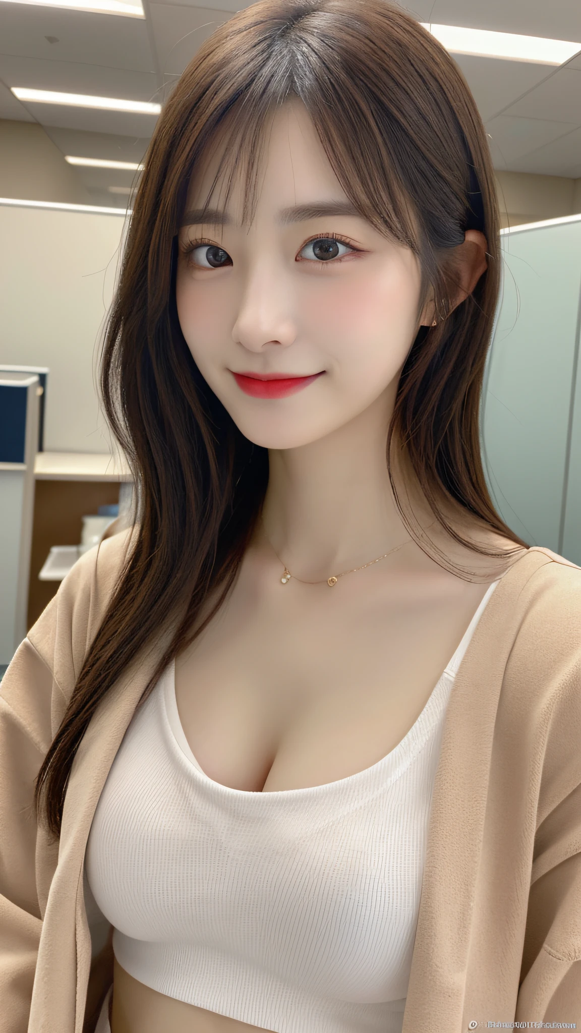 (8K, 超A high resolution, Best Quality, masutepiece:1.2),(18year old:1.2)、(Dishonest laughter)、(Look away)、8K、RAW portrait of japanese girl、Photorealsitic、超A high resolution、top-quality、 (Relatively large breasts, cleavage:1.2),(Jacket and braless :1.3)、(From below:1.2)、sit a chair、Cross your arms、(Panchira:1.2)、(s Office:1.4) BREAK (Natural Skin Texture、Detailed skin、Hyper-Realism、ultra sharpness)、intricate detailes、depth of fields、Dim lighting、Korean Idol、Nogizaka Idol、hposing Gravure Idol、actress、Fashion Model Pose、tall