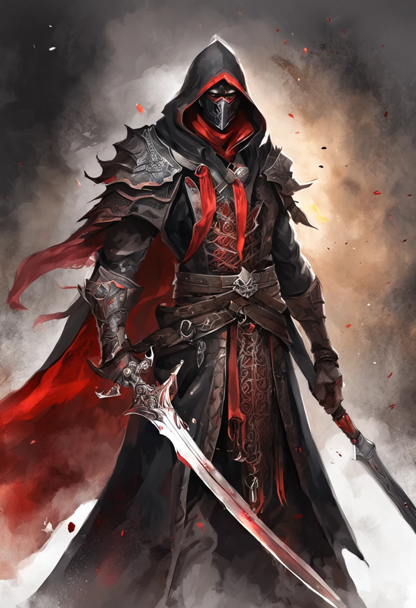 (ultra-detailed CG unit 8k wallpaper, Master parts, Best quality, depth of fields, hdr, 复杂), Tall, The sinister Dark Assassin wears a metal mask,Bright red eyes,Light and dark armor,Behind him he wears a low-key red cloak,Holding a sharp dagger in his arms,Step into the burning village, (复杂: 1.4) (Master parts: 1.4) (illustration: 1.4), Red studio lighting, Post-processing, 8K resolution, deep dark background, imponent, Well-composed photos, Impressive, dark fantacy (director: greg rutkovsky: 1.2), (darken: 1.5)(10 people:1.8)