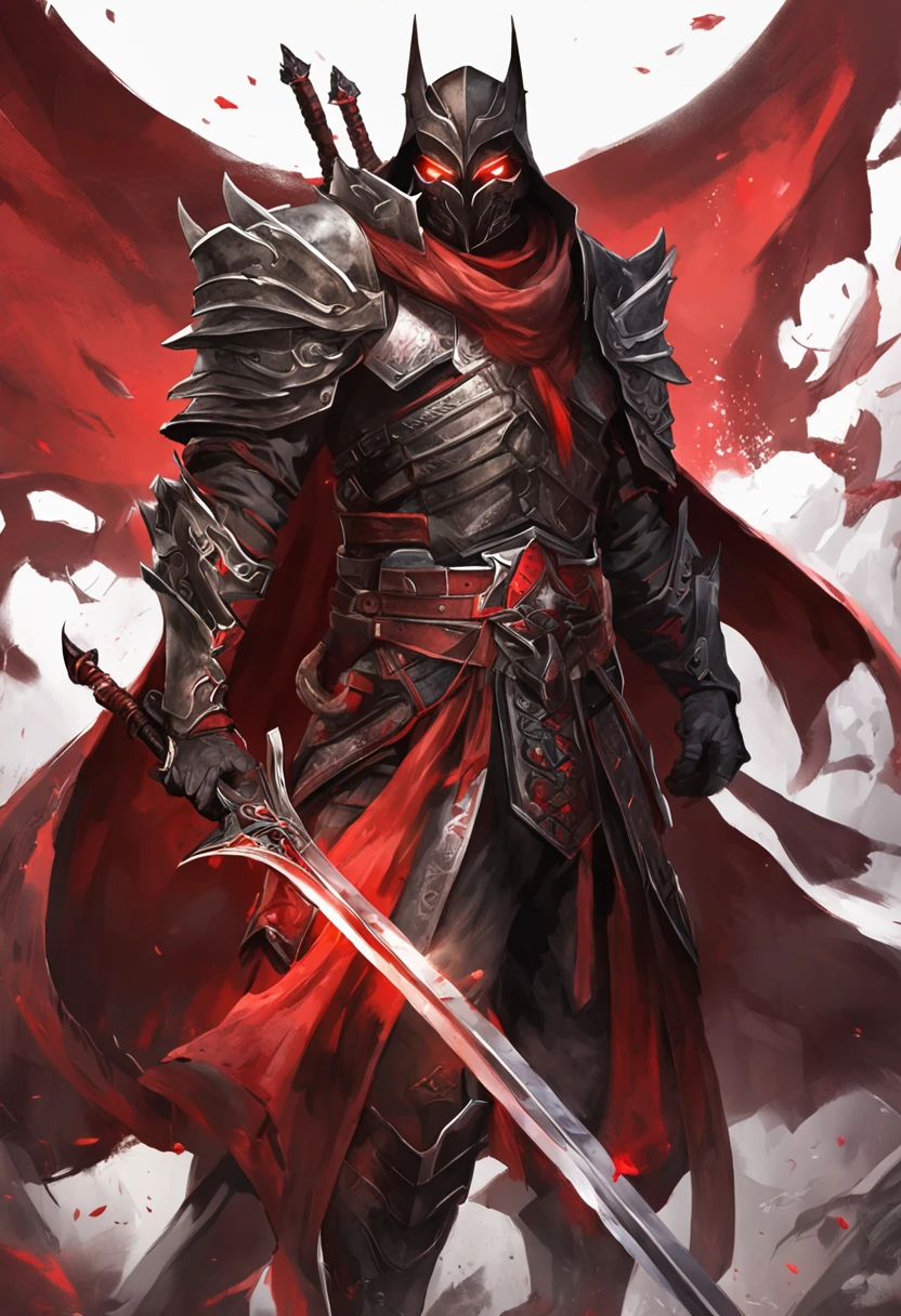 (ultra-detailed CG unit 8k wallpaper, Master parts, Best quality, depth of fields, hdr, 复杂), Tall, The sinister Dark Assassin wears a metal mask,Bright red eyes,Light and dark armor,Behind him he wears a low-key red cloak,Holding a sharp dagger in his arms,Step into the burning village, (复杂: 1.4) (Master parts: 1.4) (illustration: 1.4), Red studio lighting, Post-processing, 8K resolution, deep dark background, imponent, Well-composed photos, Impressive, dark fantacy (director: greg rutkovsky: 1.2), (darken: 1.5)(10 people:1.8)