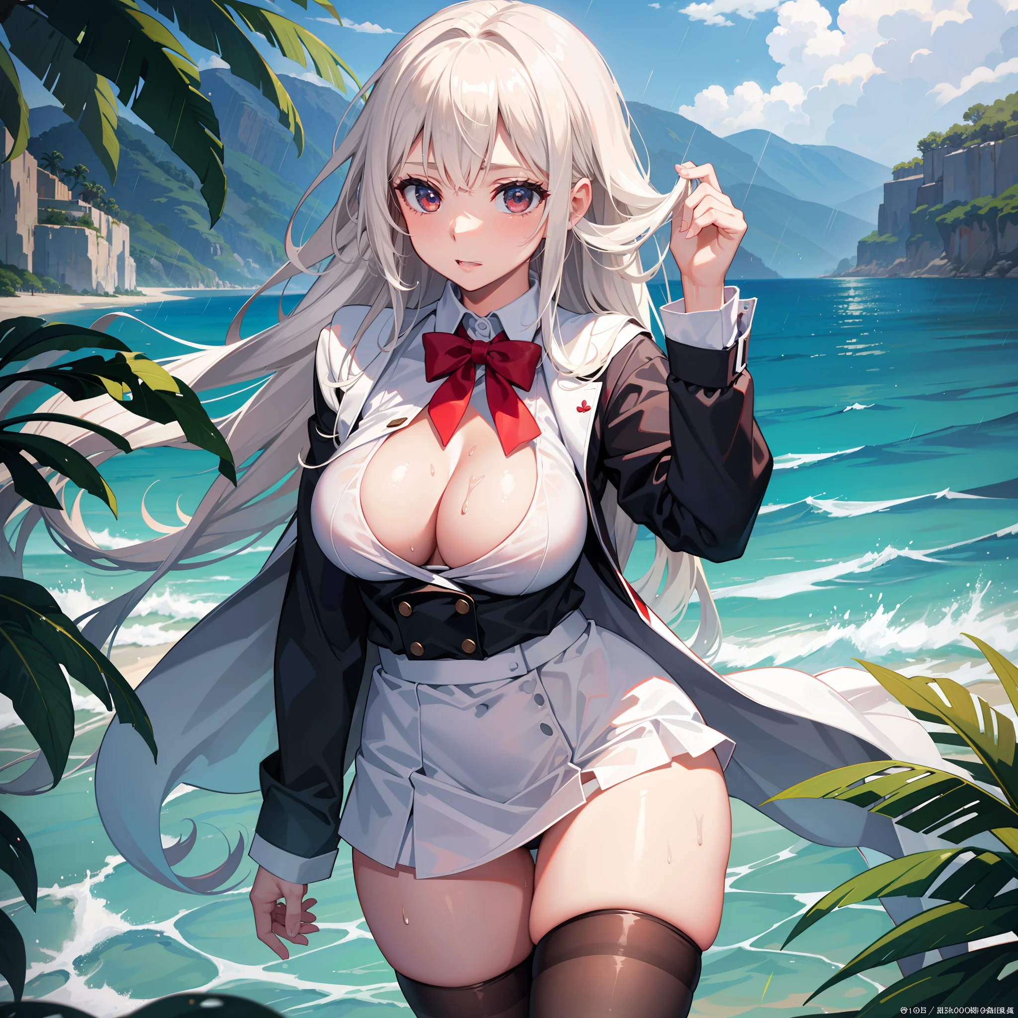 Extra-large big breasts，chiquita，Wearing a small white school uniform，Be red in the face，black lence stockings，Soaked by rain，Get wet，beachside