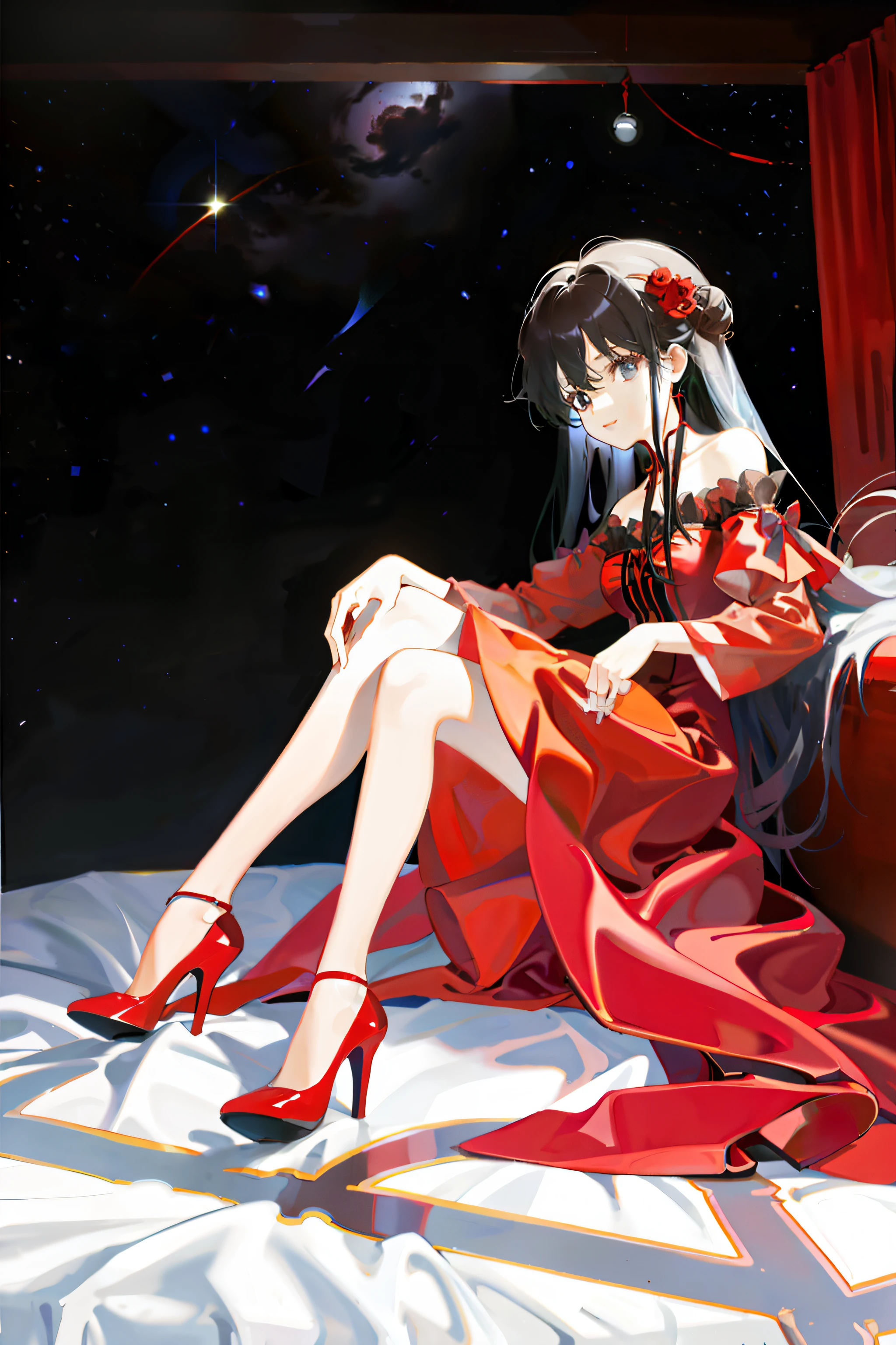 A girl sits on the edge of the bed in a dress with a red high heel next to her