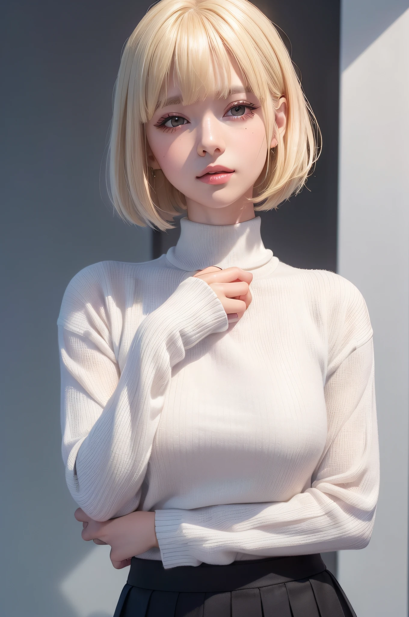 (8k、RAW Photos、Photorealsitic:1.25)、(lipgloss、eye lashes、Shiny face、shinny skin、best qualtiy、超A high resolution、depth of fields、chromatic abberation、Caustics、Wide range of lighting、Natural shading、Kpop Idle) The viewer looks calm and goddess-like with a sense of happiness、(1 pretty girl、Lori、18year old、college aged、a blond)、(((Short Bob Hair、Bangs)))、(a smile)、((Fashionable、White turtleneck sweater、long-sleeve、Black Laser Mini Skirt))、((((full bodyesbian)))、Close up portrait of a person putting his hand on his chin, thinking pose, Supporting the head、Left Hand Thoughtful Pose