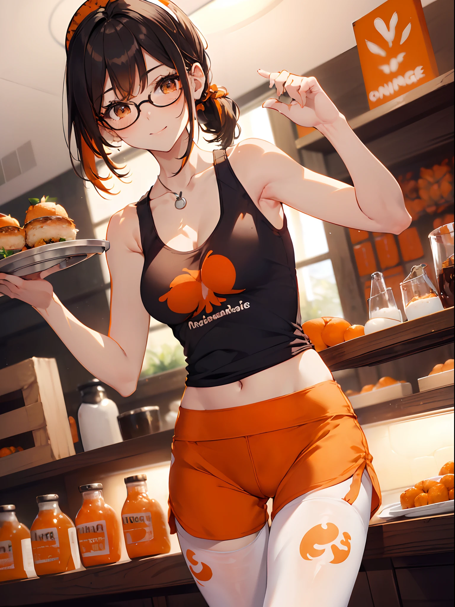 absurdres,(masterpiece、top-quality、8K ),insanely detailes,ultra-detailed,
1 cute pale girl,black hair,ponytail,round glasses,beautiful eyes,eyelashes,eye highlights,glossy lips,
(restaurant, waitress, standing, holding a tray in the hand:1.2), (tight-fitting clothes:1.2), (tight white tank top:1.4), (wear a white tank top over naked body:1.1), (detailed tangerine orange yoga shorts:1.4), (wearing tangerine yoga shorts over pantyhose),(owl-print on tank top), (plunking neckline:1.2), bare shoulder, plump thighs,smile,professional lighting,restraint