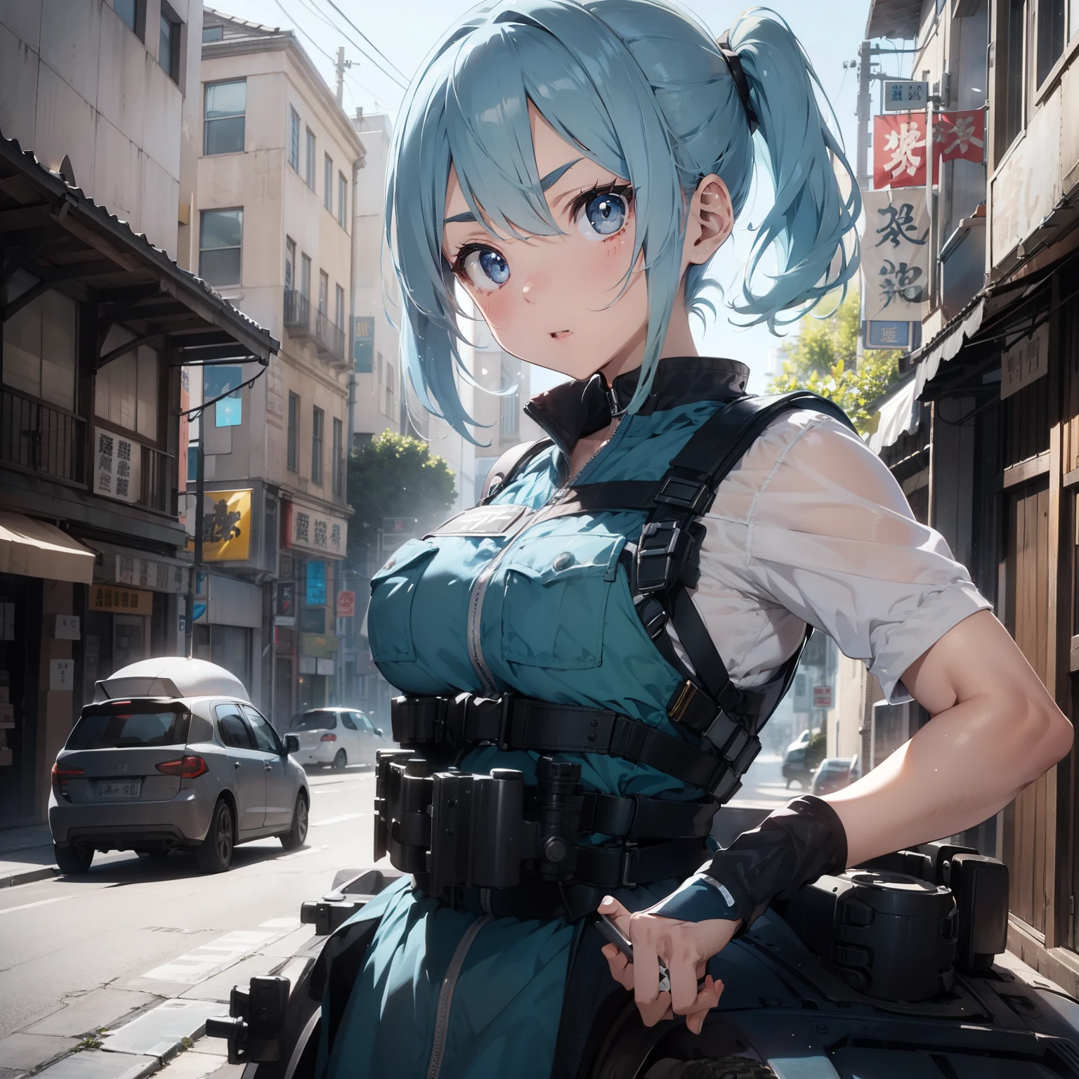 Beautiful short light blue hair girl riding a tank、Forehead、Sharp Eyebrows、big eye、Dark eyelashes、bulletproof vest、helmets、rifle、(highestdetailed)、(Top image quality)、(masterpiece)