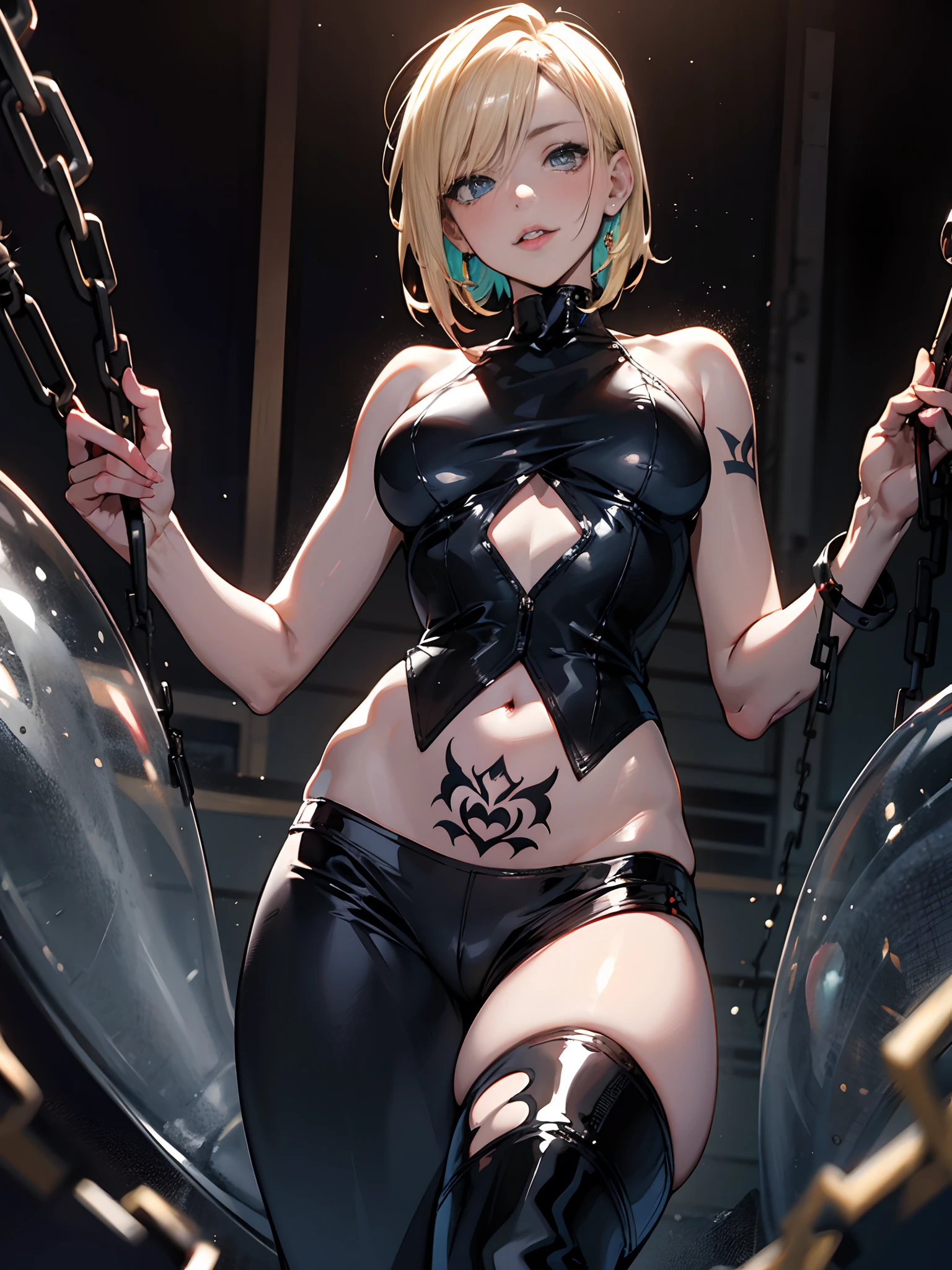 a 20 yo woman、a blond、bustup、toppless、The tattoo、grabbing breasts herself、gargantilha、chains、srestrained、teats、(hi-top fade:1.3)、A slender、Open your crotch、dark themed、Muted Tones、Subdued Color、highly contrast、Perspective、(natural skin textures、Hyper-Realism、Soft light、sharp)