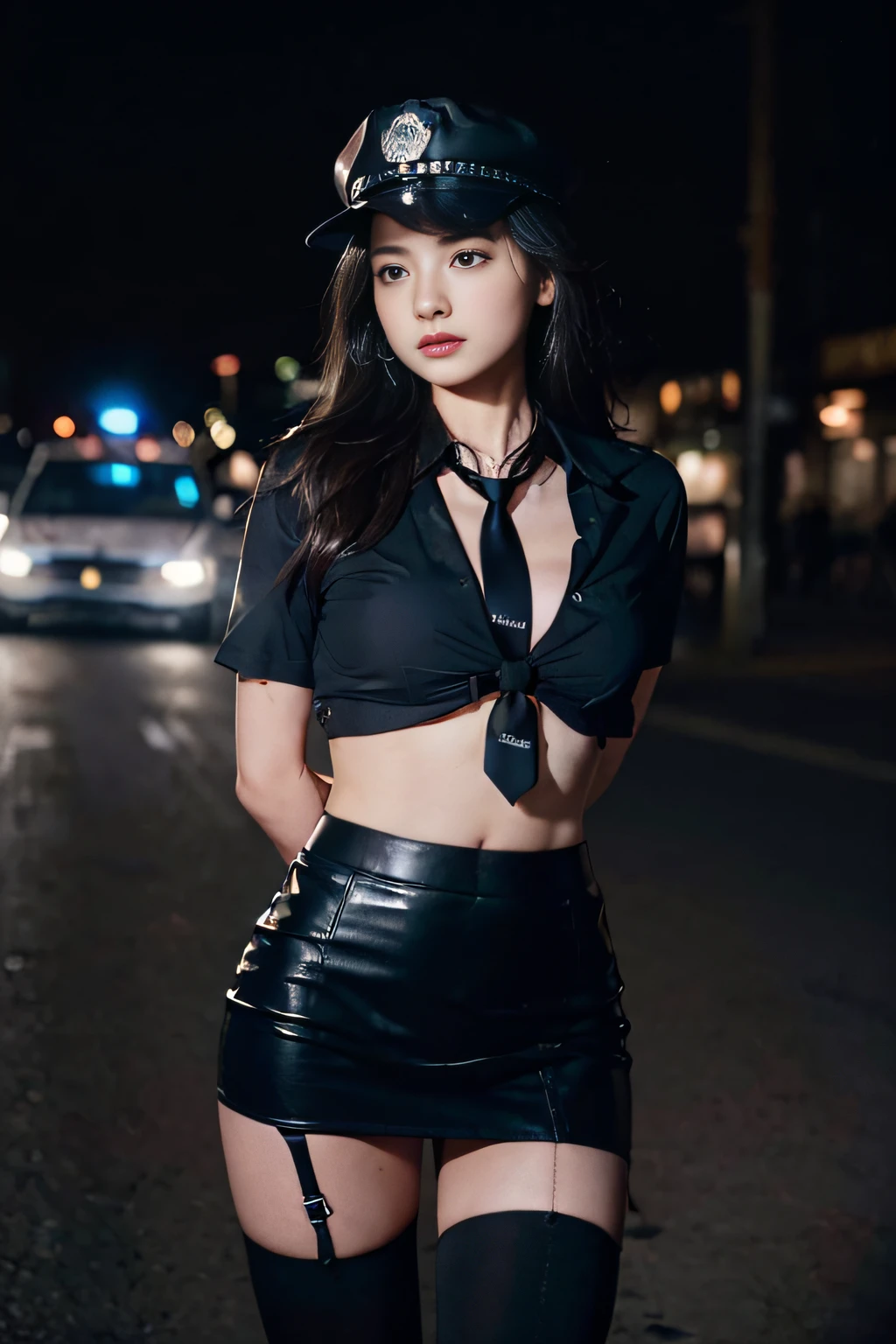 ((beatiful girl:1.3)) ((police girl:1.4)) ((sweat:1.3)) ,((wearing detailed unbuttoned police black colored shirts with necktie and black colored miniskirt:1.25)) (police hat, police suits,) ((best quality,masterpiece,ultra high res)),(photorealistic:1.4),raw photo,(Authentic skin texture:1.3),(film grain:1.3),panorama,character portrait,very wide shot,narrow waist,cowboy shot,(in the dark, deep shadow, low key, cold light,) ,dust,Tyndall effect,(expression),,beautiful detailed eyes and face,brown eyes, ((full body:)) ((close up:)) ((flat stomach)) ((city in the night)) ((cleavage)) ((panty shot:1.2)) ((large breasts)) ((shackles restrained))