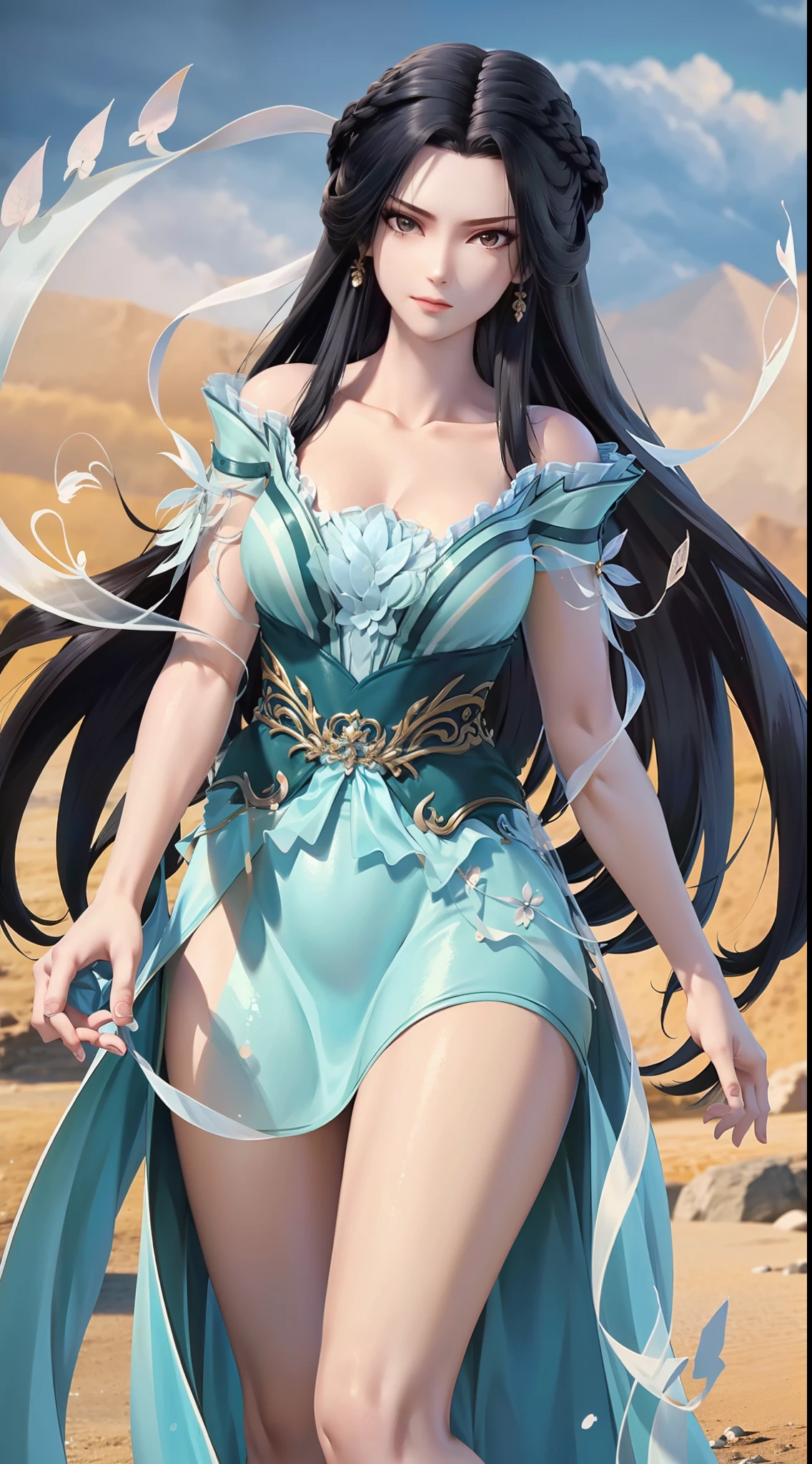 masterpiece,best quality,1girl, black hair, bare shoulders, long hair, dress,cowboy shot, dynamic pose, dynamic angle,