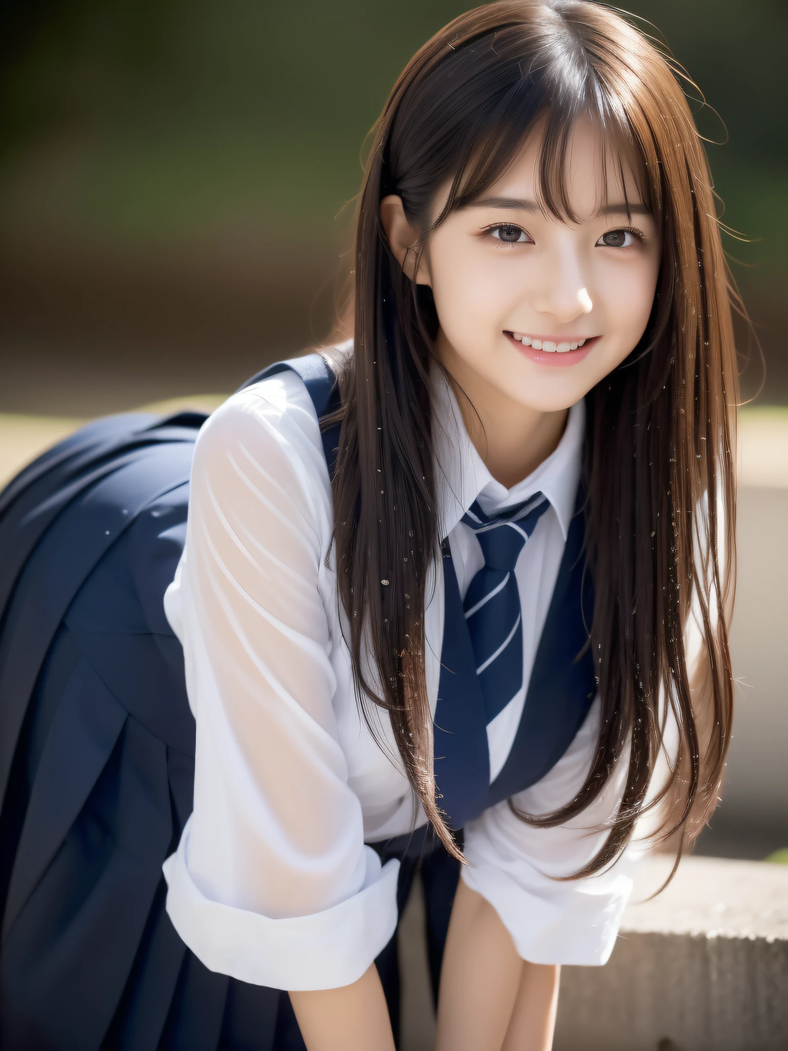 (((high detal,high-detail、masterpiece,Attention to detail))),Arab-asian woman in uniform, Realistic Young Gravure Idol, a hyperrealistic schoolgirl, Japan school uniform, japanese girl school uniform, a hyperrealistic schoolgirl,Young Pretty Gravure Idol, wearing japanese school uniform, Young Sensual Gravure Idol, Young Gravure Idol, Beautiful but innocent schoolgirl when you laugh,the whole body is wet,dripped out,with a flushed face,Beautiful girl with beautiful legs,Beautiful woman natural light、the whole body is wet,Sheer clothing,Semi-long,perm,Brown shiny hair,Hair is wet,Dripping water,dripping,,Have a troubled face,