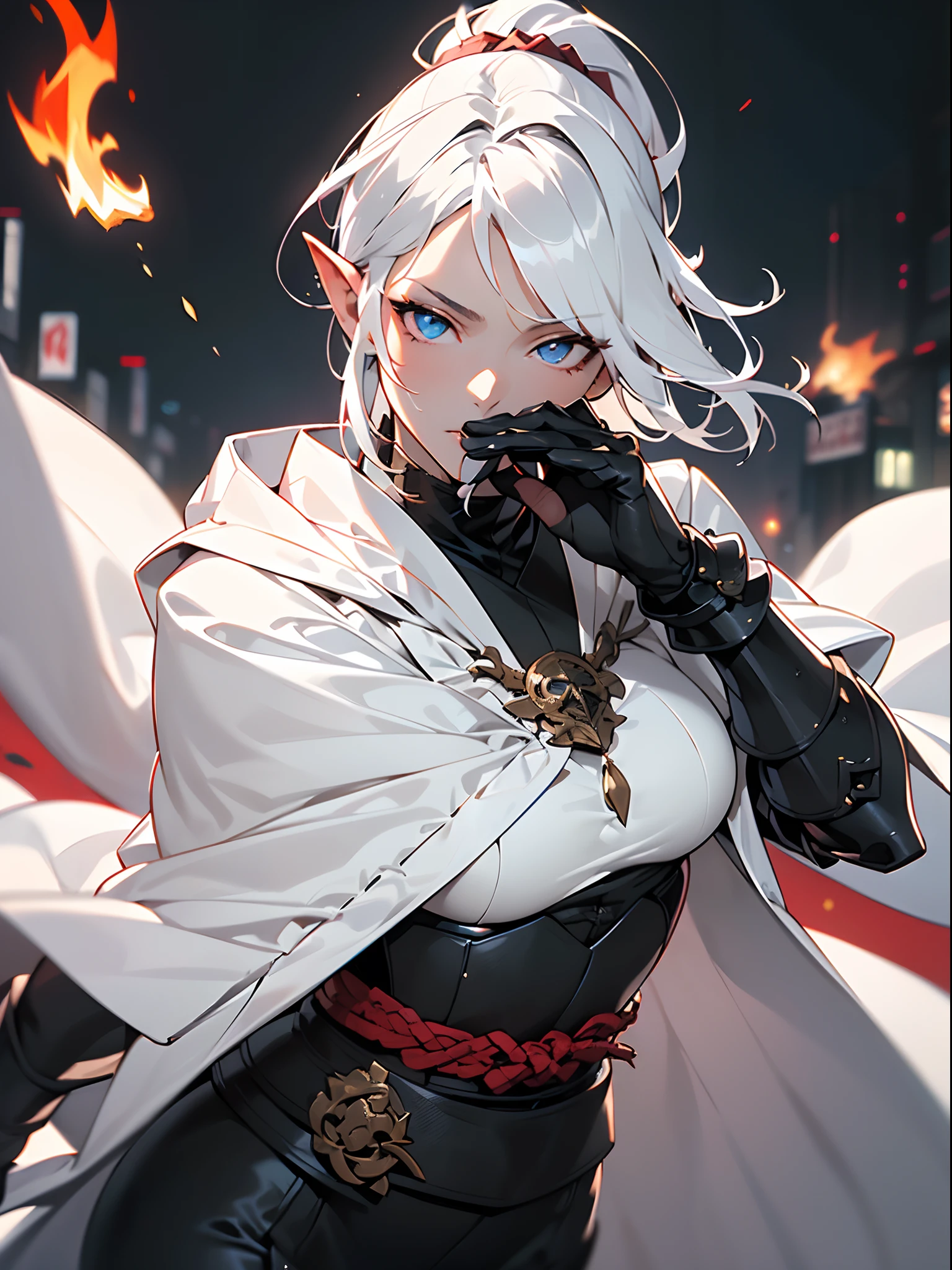 ((jpn)),((Best Quality)),((Beautifully painted)),((hight resolution)),1girl in,Luminescent beautiful elven daughter,(((White surcote))),((White cloak with red decoration)),Luminescent bushy silver-haired ponytail,Shining eyes,(((black gauntlet and glove))),nice hand, Perfect hands,((Ignition from the body)),(((Fight black demon monsters in the streets of a big city on a blazing night))),((Flying flames)),armor,(face forcus),(((motion blur))),(((dynamic angle))),((cinematic lighting))