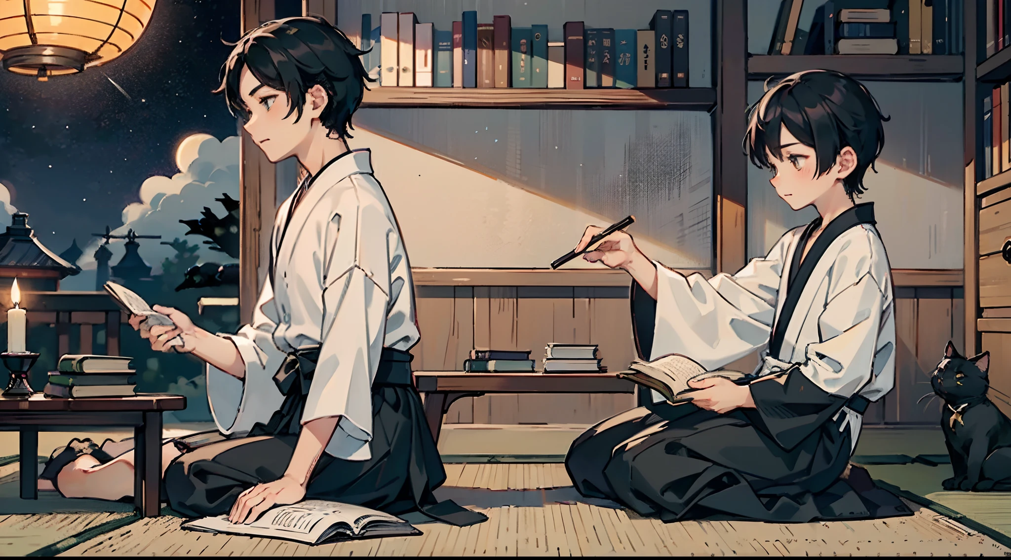 #the beautiful night sky(darkness of night,no light)、
#writing boy(16 male、Honor Students、A dark-haired、short-hair、hakama、white tight collar shirt)、
#night room(less light,black cat,wooden low table,one candle,pretty tatami,a lot of books,bookshelf)