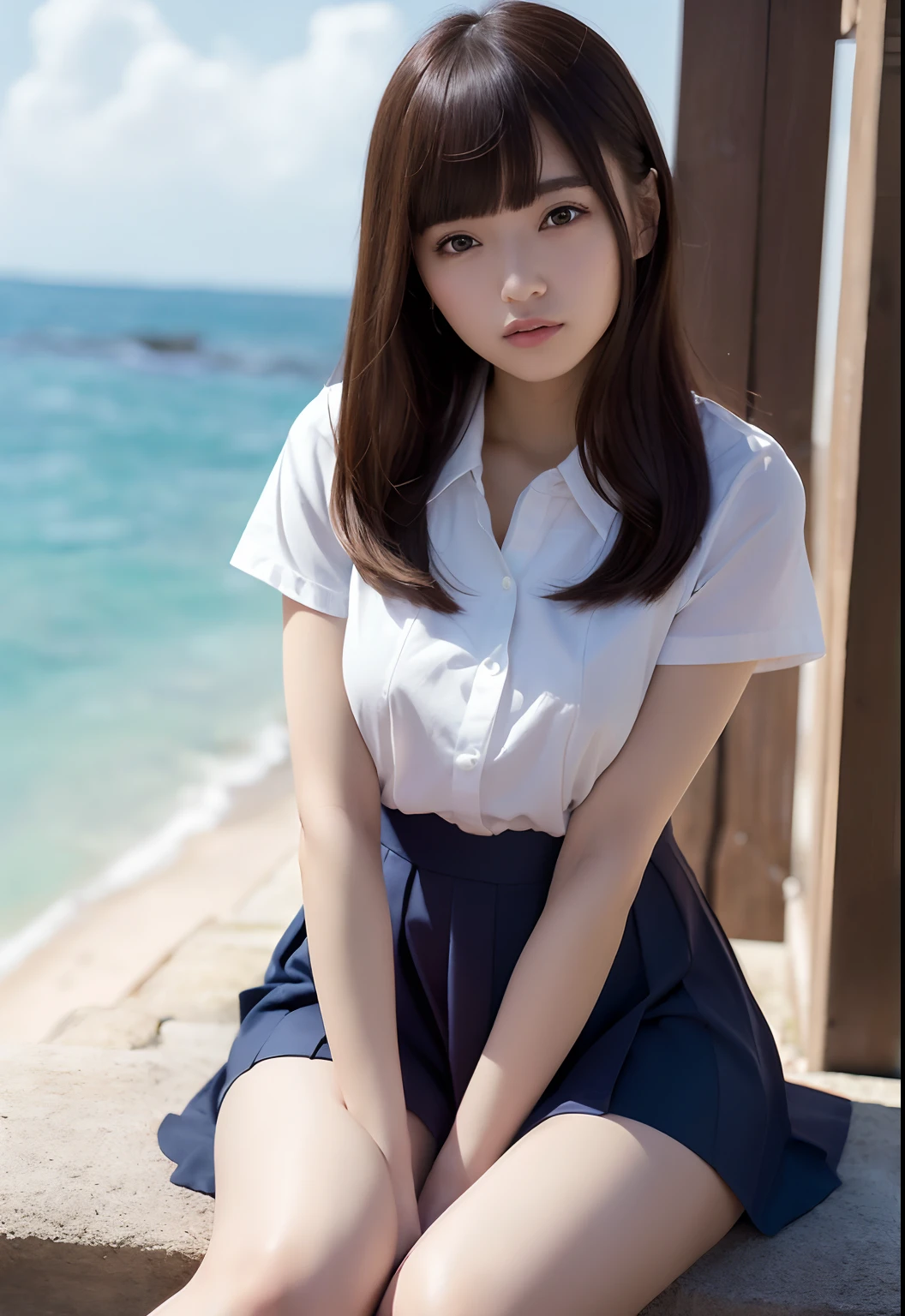 ultra highres,(reality: 1.4),highest quality, masterpiece, high detail, 16K quality, beautiful, 1 beautiful girl,japanese,super beautiful face,baby face,japanese idol face,cute face,super detailed face,detailed hand,beautiful skin,sweaty skin,big eyes,big smile,profeccional lighting,medium hair,brown hair,brown beautiful eyes,(sitting with knee up),spread legs,(skirt lift),(white panty),medium breasts,see through white shirt,open button,(black check skirt),high socks,she is looking at the camera,beach,blue sky,blue ocean, nsfw,from front,