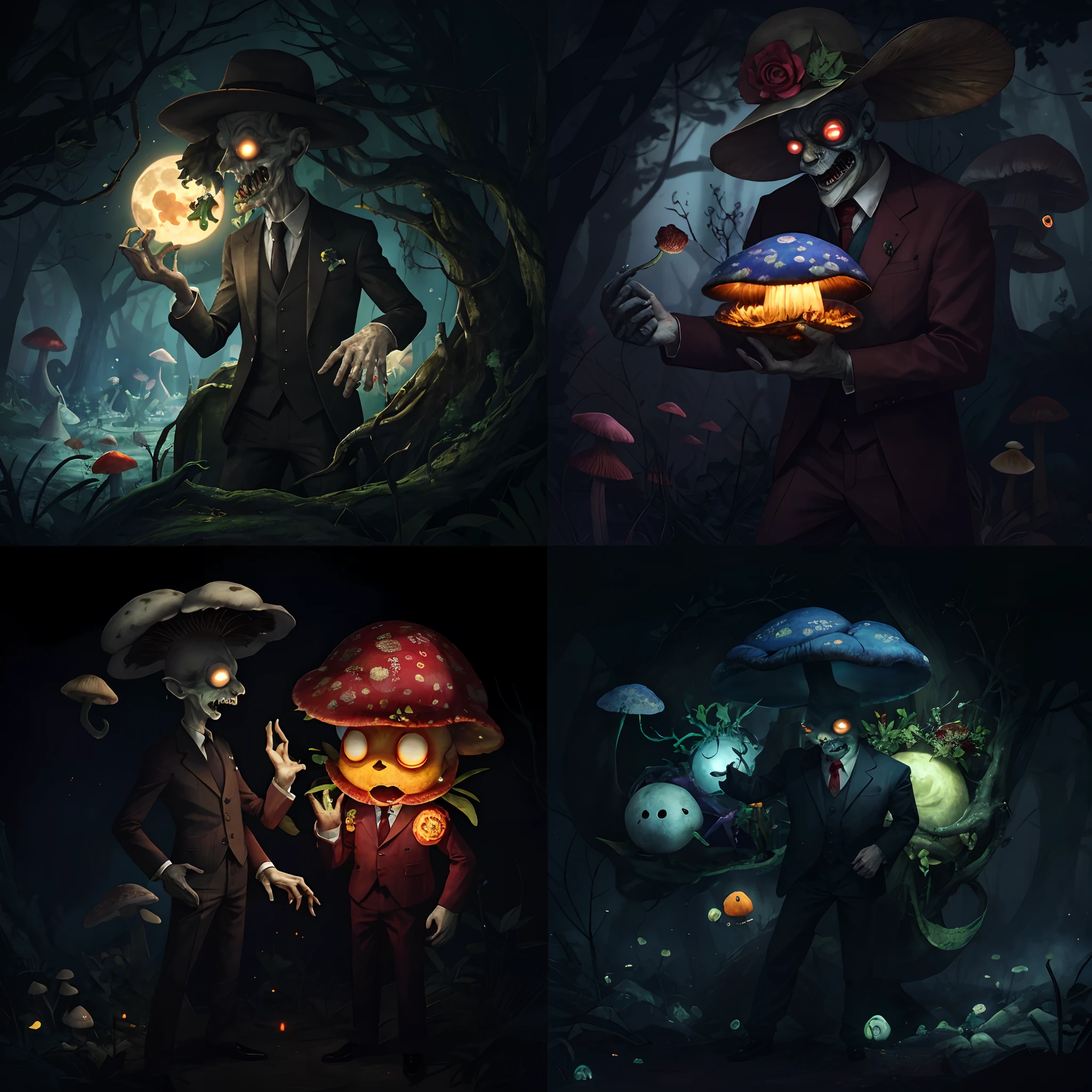 A man with long hands and legs, dressed in a suit, It's an eyeless monster in the Moon Factory, Very scary and supernatural,Ghost painting,Bizarre encounters,Magic by,Creepy doll,Sinister shadows,Demon-possessed,The Cursed Mirror,Prank activity,Zombie apocalypse,Horrible cemetery,Blood Moon,Close-up of a bunch of mushrooms in the forest, mushroom city, Mushroom forest, cyber mushroom city, mushroom house, himawari,Pomegranate flowers,pumpkins,Lotus leaf,rosette