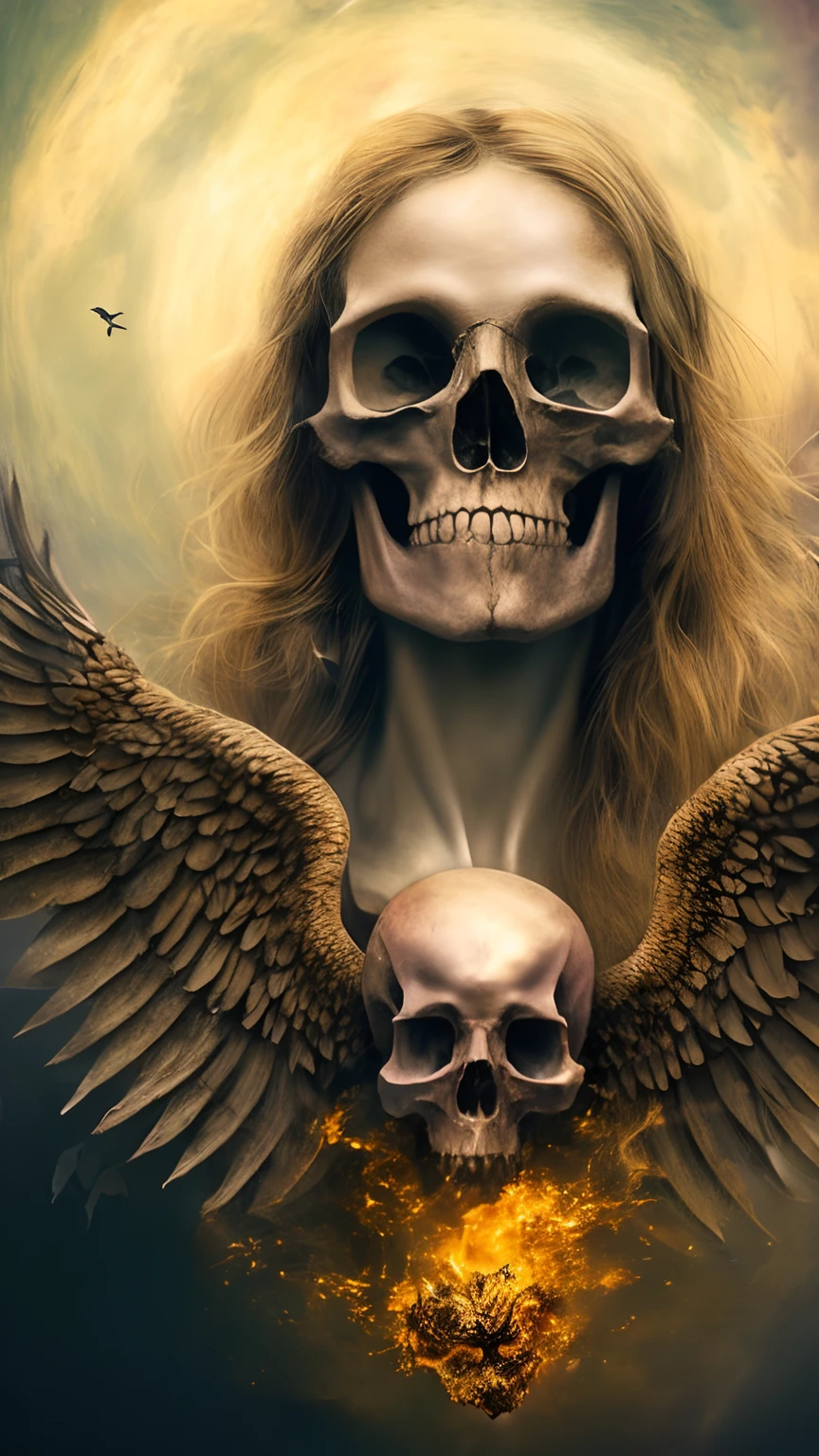 a woman with a skull and wings on her face, anjo da morte, arte escura altamente detalhada, Retrato do Anjo da Morte, female face skull phoenix bird, O Anjo da Morte, half skull half face, anjo escuro, fantasy skull, vida e morte se misturando, Arte digital escura, mas detalhada, Retrato do Anjo da Morte, morphing skulls
