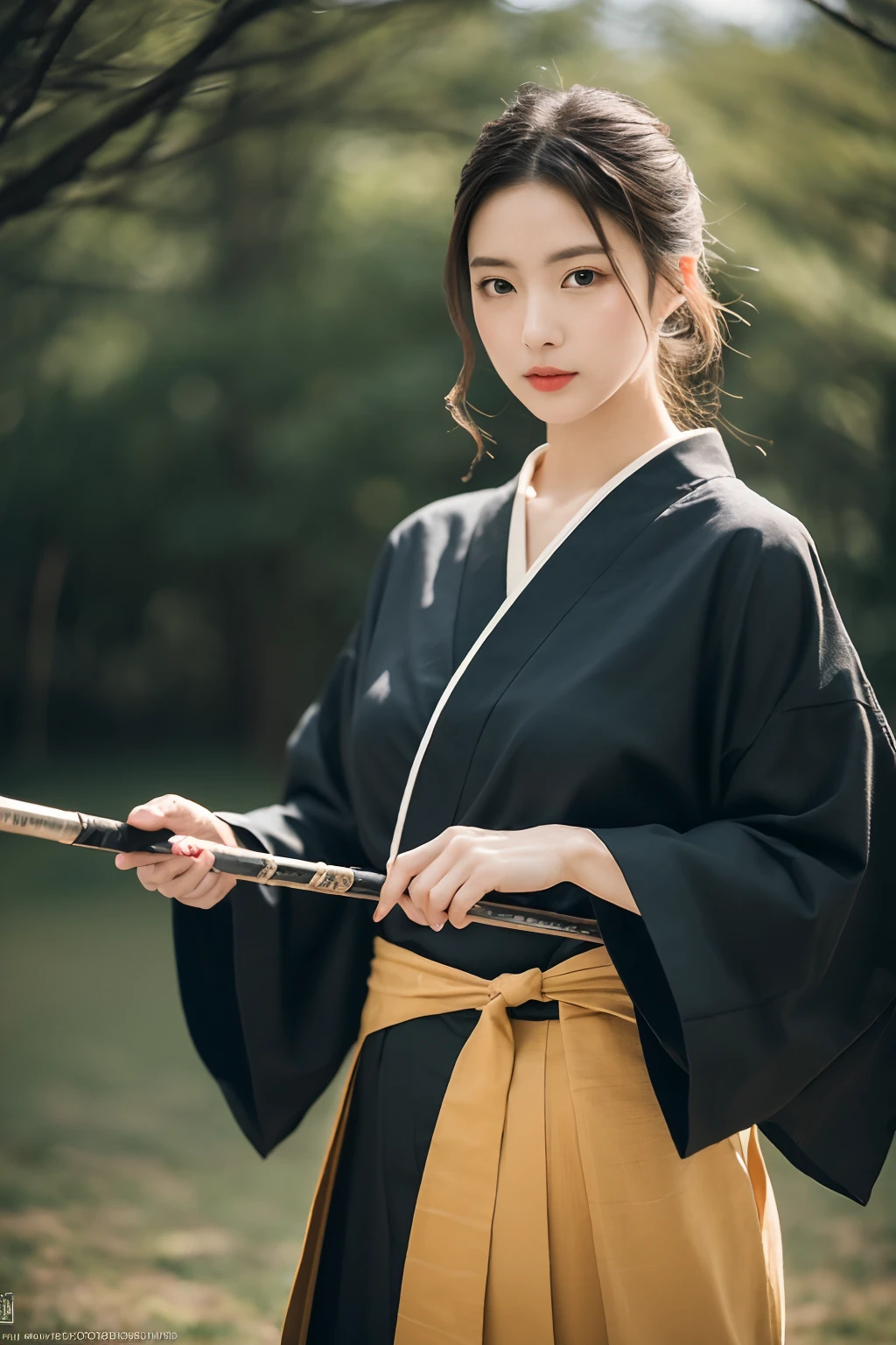 (realisitic、Photorealsitic:1.37)、(in 8K、Raw photography、top-quality、masterpiece:1.2)、Extraordinary beauty、ultra-detailliert、Full-scale duel、Woman holding a naginata、Hakama、