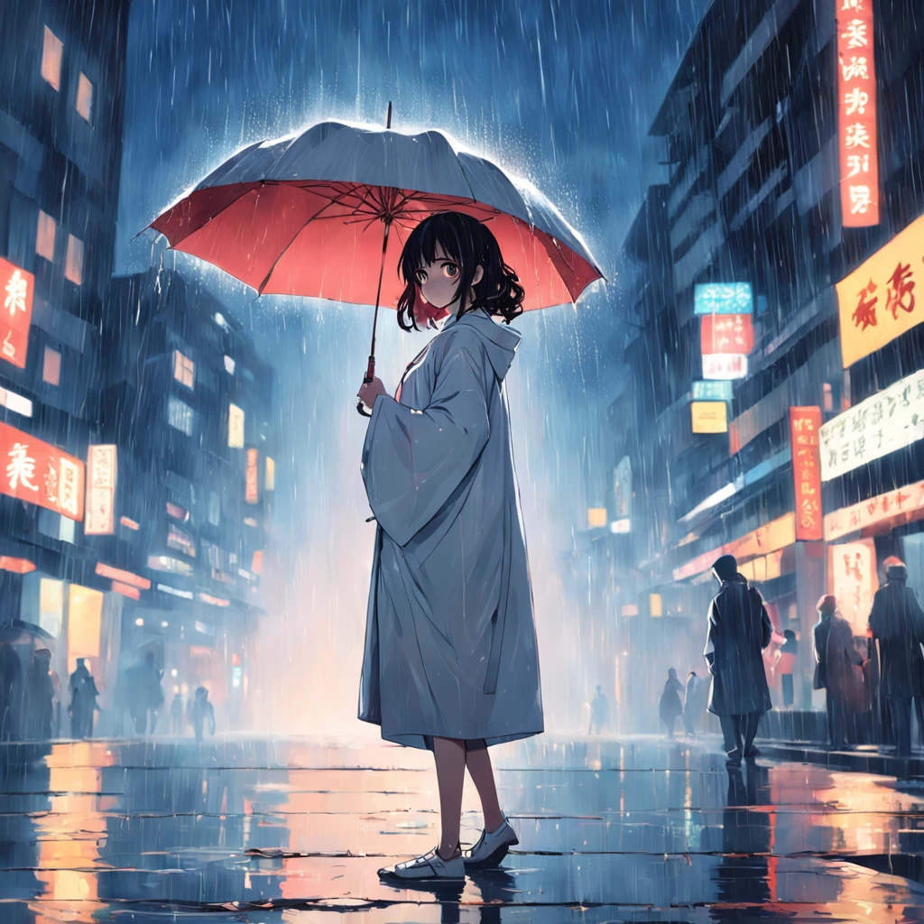 rainy evening,River side,National style girl,Wear a white robe,Hit with an umbrella