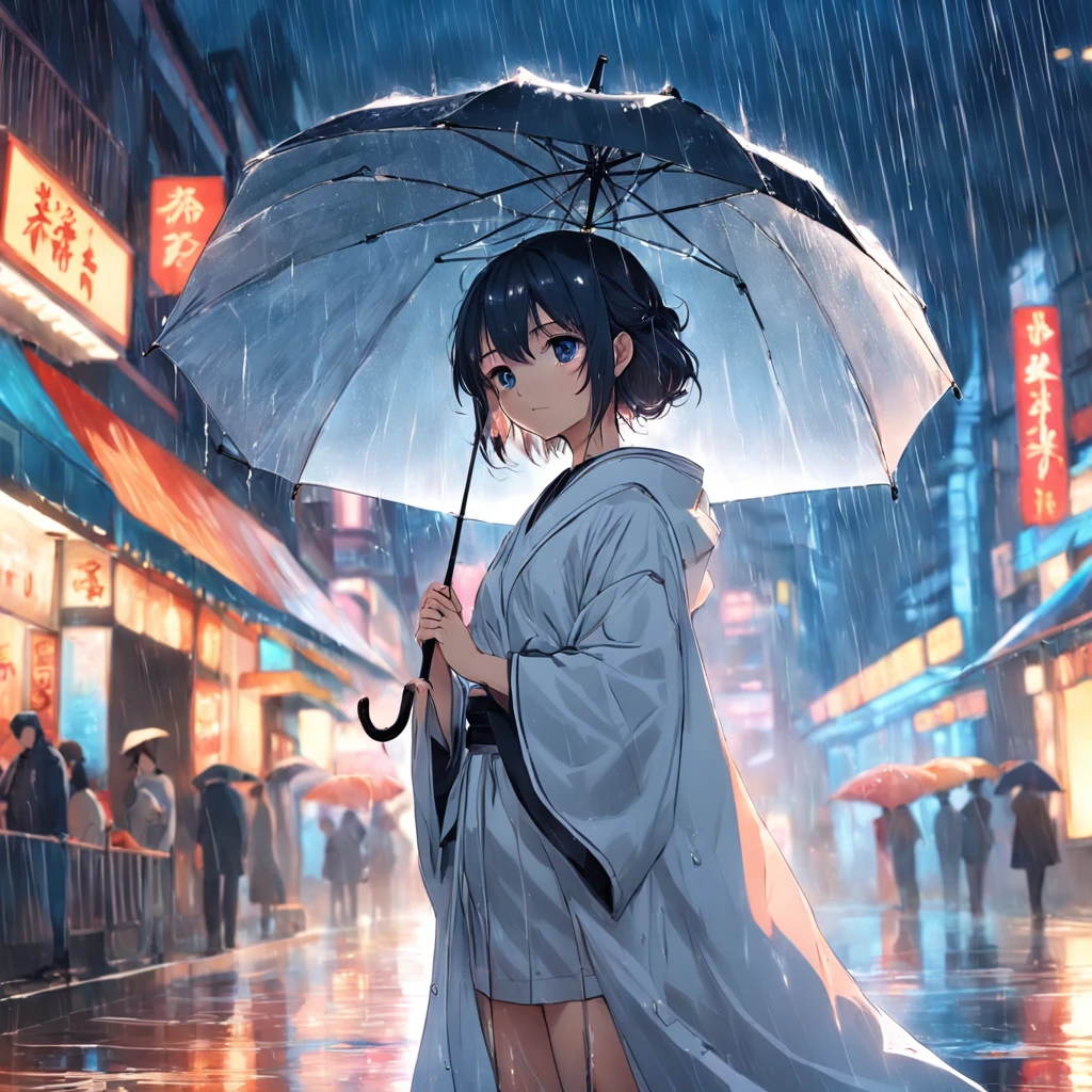 rainy evening，River side，National style girl，Wear a white robe，Hit with an umbrella