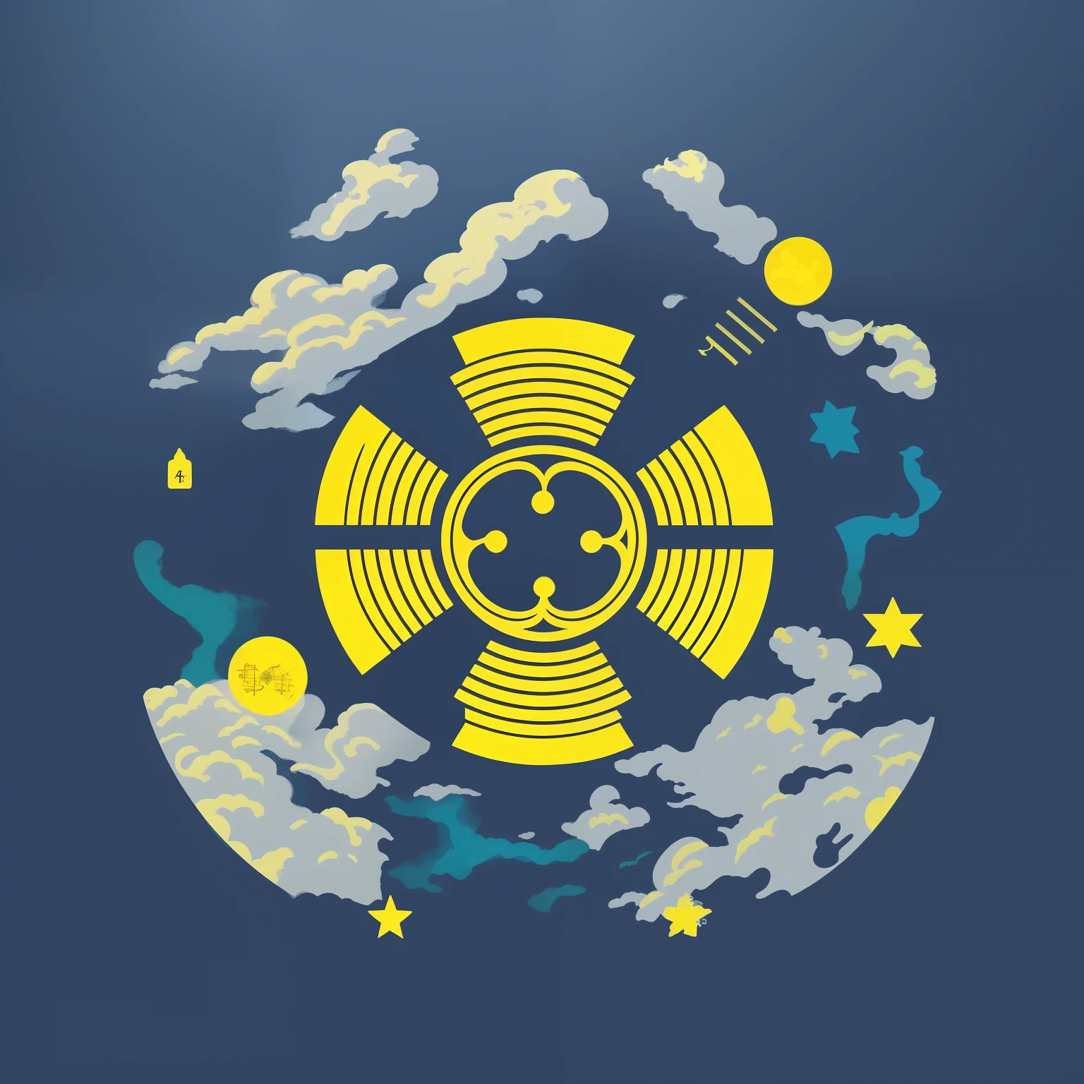 there is a yellow radiation symbol on a blue background, digital illustration radiating, libra symbol, zodiac libra sign, sky view, concept illustration, celestial regulator, discord profile picture, symmetrical digital illustration, symmetrical tarot illustration, celestial, official illustration, an alchemical art illustration, fan art, some yellow and blue, detailed 2d illustration
