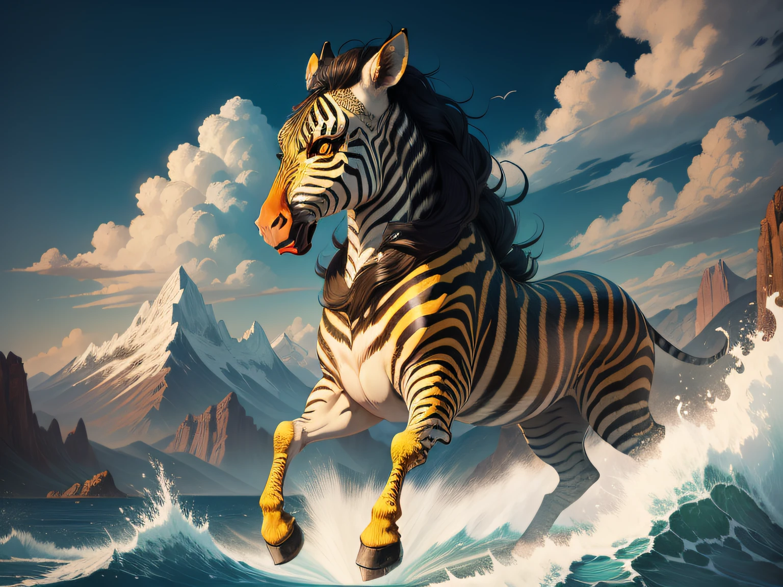 tmasterpiece，High Picture Quality, Dynamic cartoon style, Inspired by the Classic of Mountains and Seas，Chinese mythology and stories, Beast image, high saturated, Yellow zebra pattern, White head, Red tail。