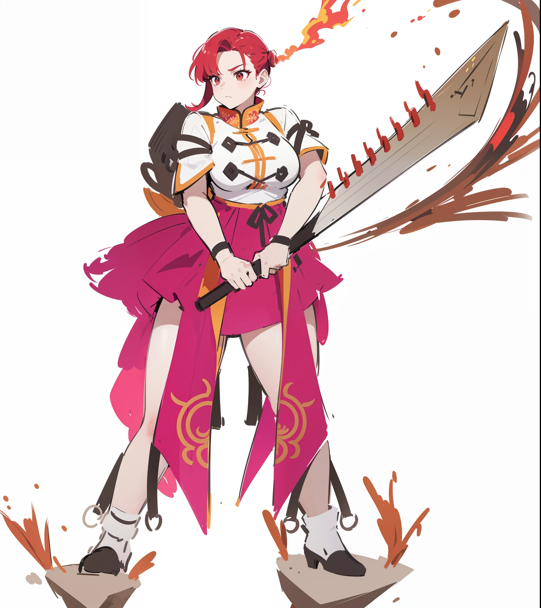 In the Land of Fire, A girl with purple and red hair,Wearing a red-tailed cheongsam with a white figure,holding detailed a big Sword,Use the fire element to attack
