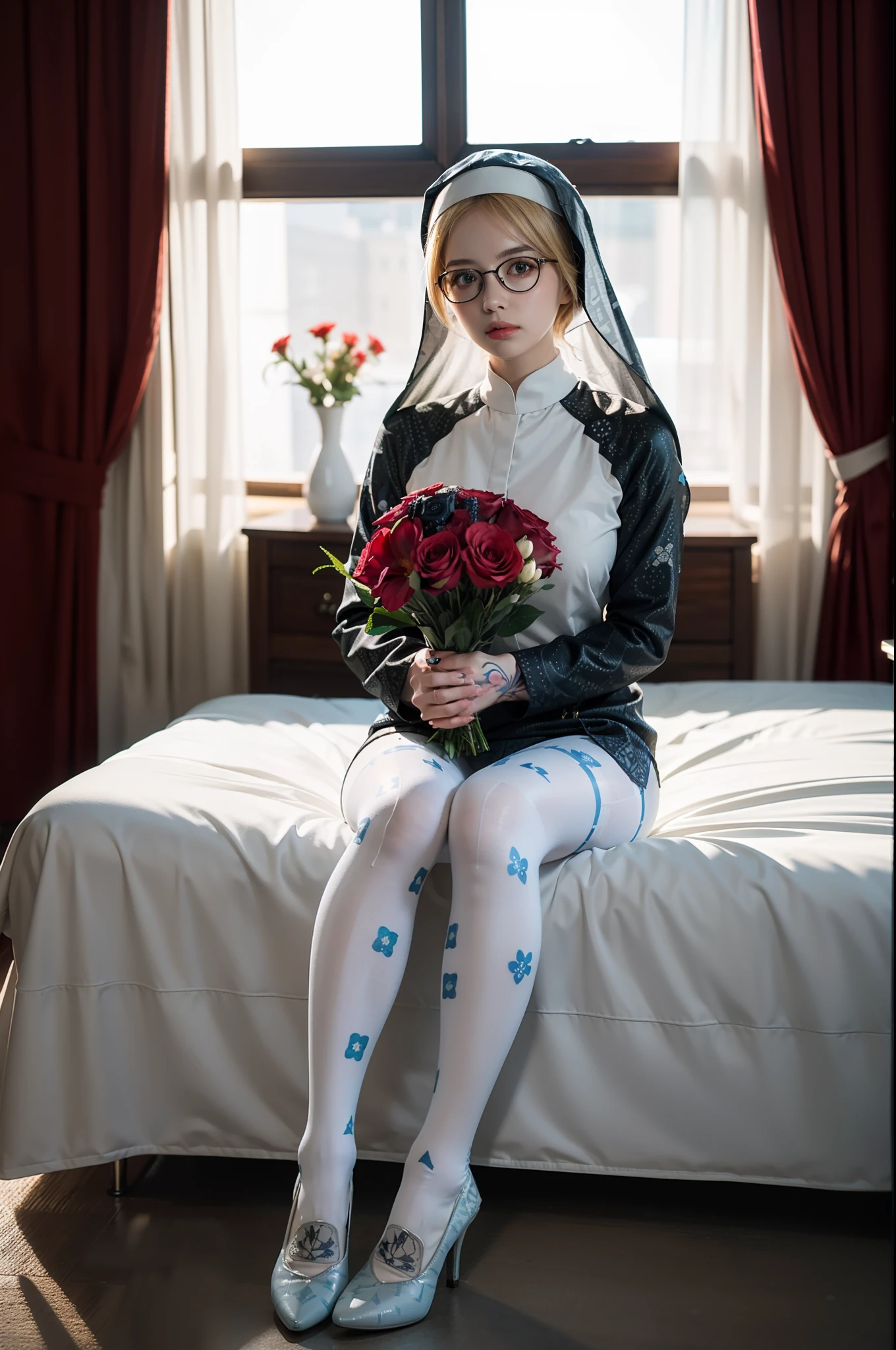 (full body:1.5)，(((1girl)):1.3),(view the viewer:1.4)，((anatomy correct):1.45),(((Sitting on the bed in the bedroom))):1.3),(she wears large glasses and Holding a bouquet of fresh flowers in his hand:1.2),(shy:1.15)，((nun's set):1.2),(((((((Patterned)))))) ,((white pantyhose)):1.3),(((tattoo)):1.3),( Uniform high heels leather shoes with bows for female students:1.1)，(Accurate and perfect face:1.3),((red-eyed blonde):1.2)，hyper HD, Ray traching, reflective light， structurally correct, Award-Awarded, high detail, lighten shade contrast, Face lighting ，cinematic lighting, masterpiece, super detailing, high quality, high detail, best quality, 16k，High contrast,