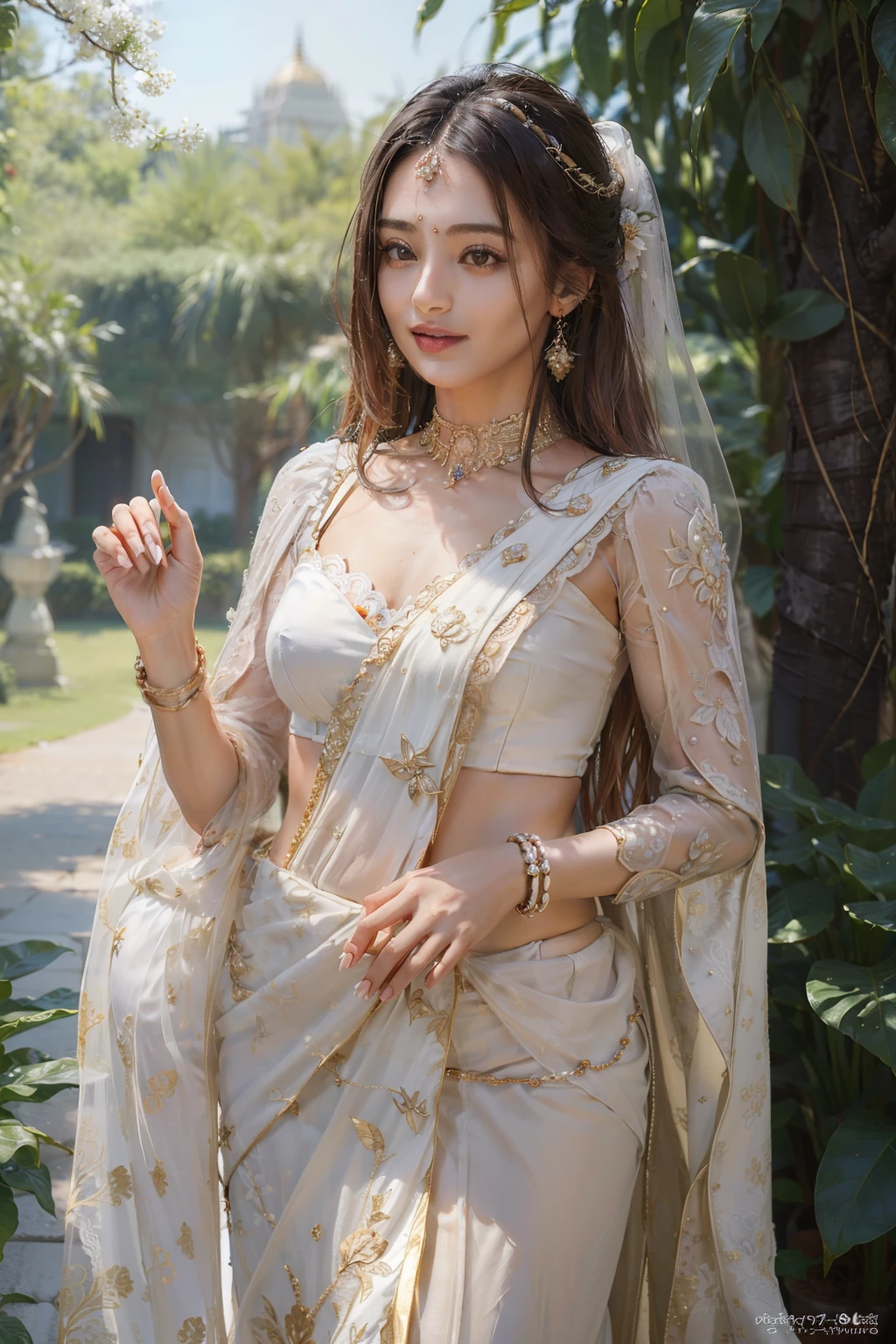 ((top-quality、​masterpiece、photographrealistic:1.4、8K))、Beautuful Women、full body Esbian、sixteen years old、delicate and beautiful face、The Great Noble Lady of India、（Women in Southeast Asia）、（Indian style luxury saris and headdress）、Luxury accessories、Saree、Beautiful lighting、Textured skin、Super Detail、high detailing、High quality、hight resolution、（Stroll through beautiful Indian-style gardens。Indian castle on background）、florals、The tree々、Elegant smile、（looking at the viewers）