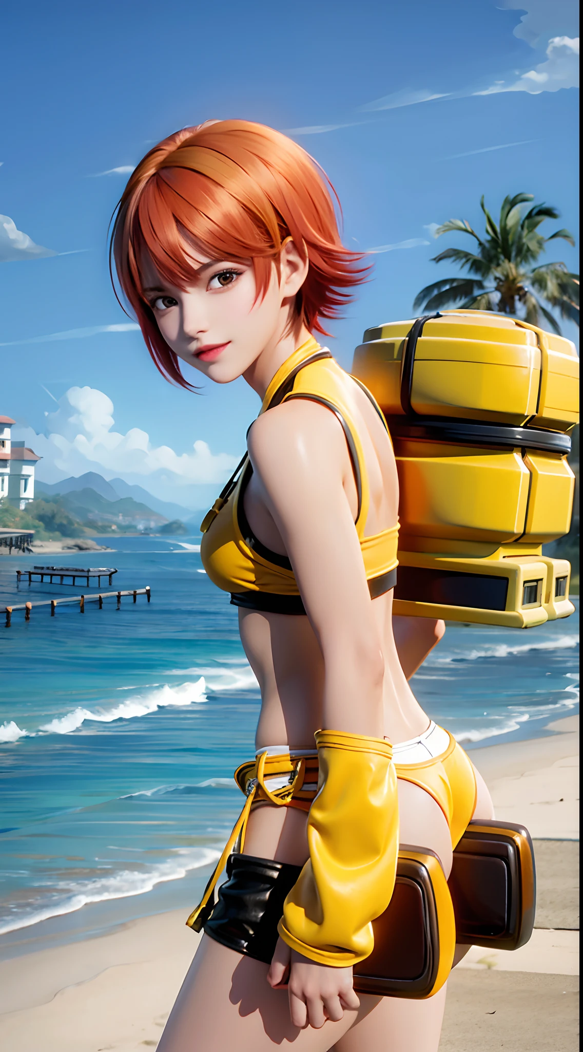 A girl, Orange hair,Short hair,ocean water, beach, (Yellow bikini: 1.6), palm tree, Coconut Tree, Solo,