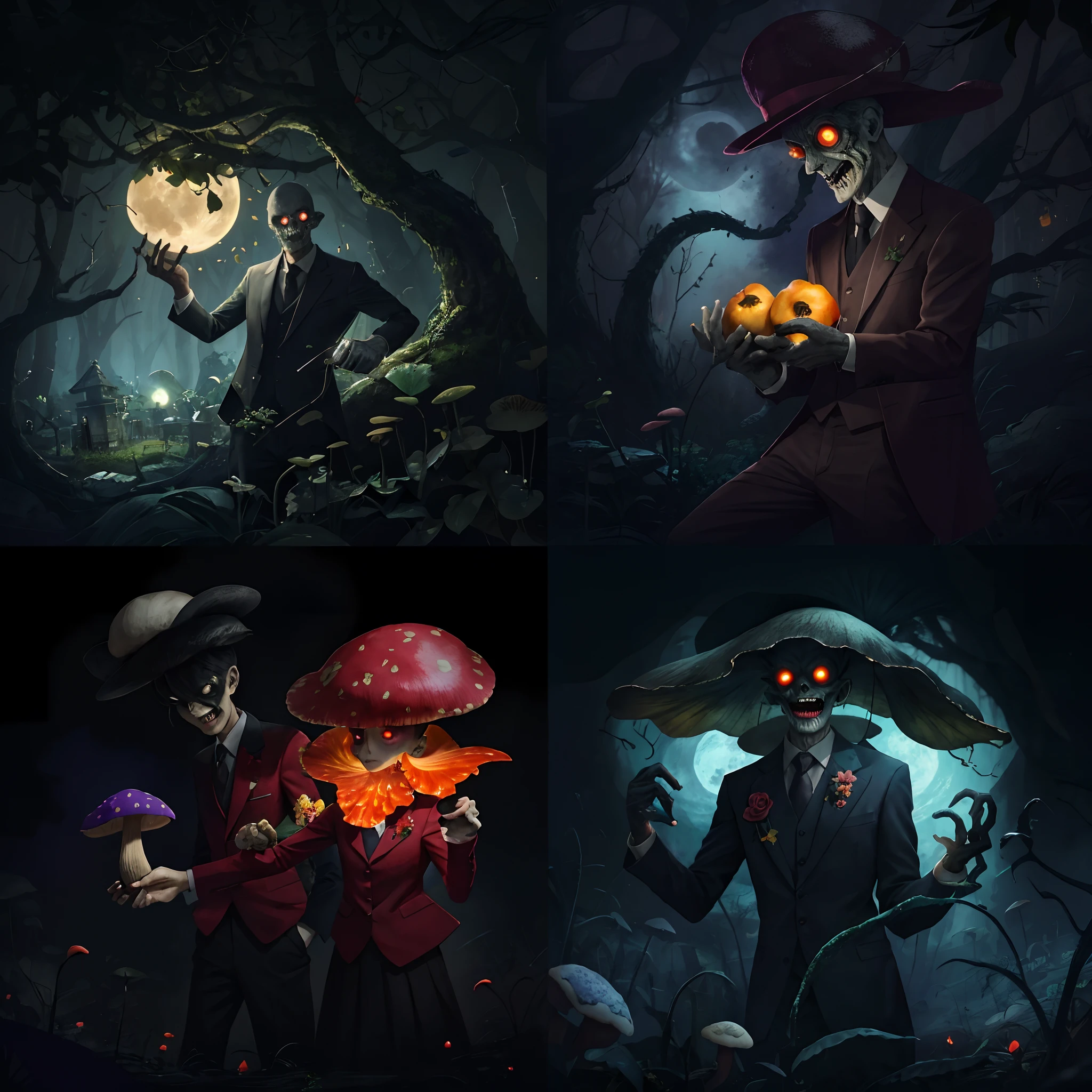 A man with long hands and legs, dressed in a suit, It's an eyeless monster in the Moon Factory, Very scary and supernatural,Ghost painting,Bizarre encounters,Magic by,Creepy doll,Sinister shadows,Demon-possessed,The Cursed Mirror,Prank activity,Zombie apocalypse,Horrible cemetery,Blood Moon,Close-up of a bunch of mushrooms in the forest, mushroom city, Mushroom forest, cyber mushroom city, mushroom house, himawari,Pomegranate flowers,pumpkins,Lotus leaf,rosette