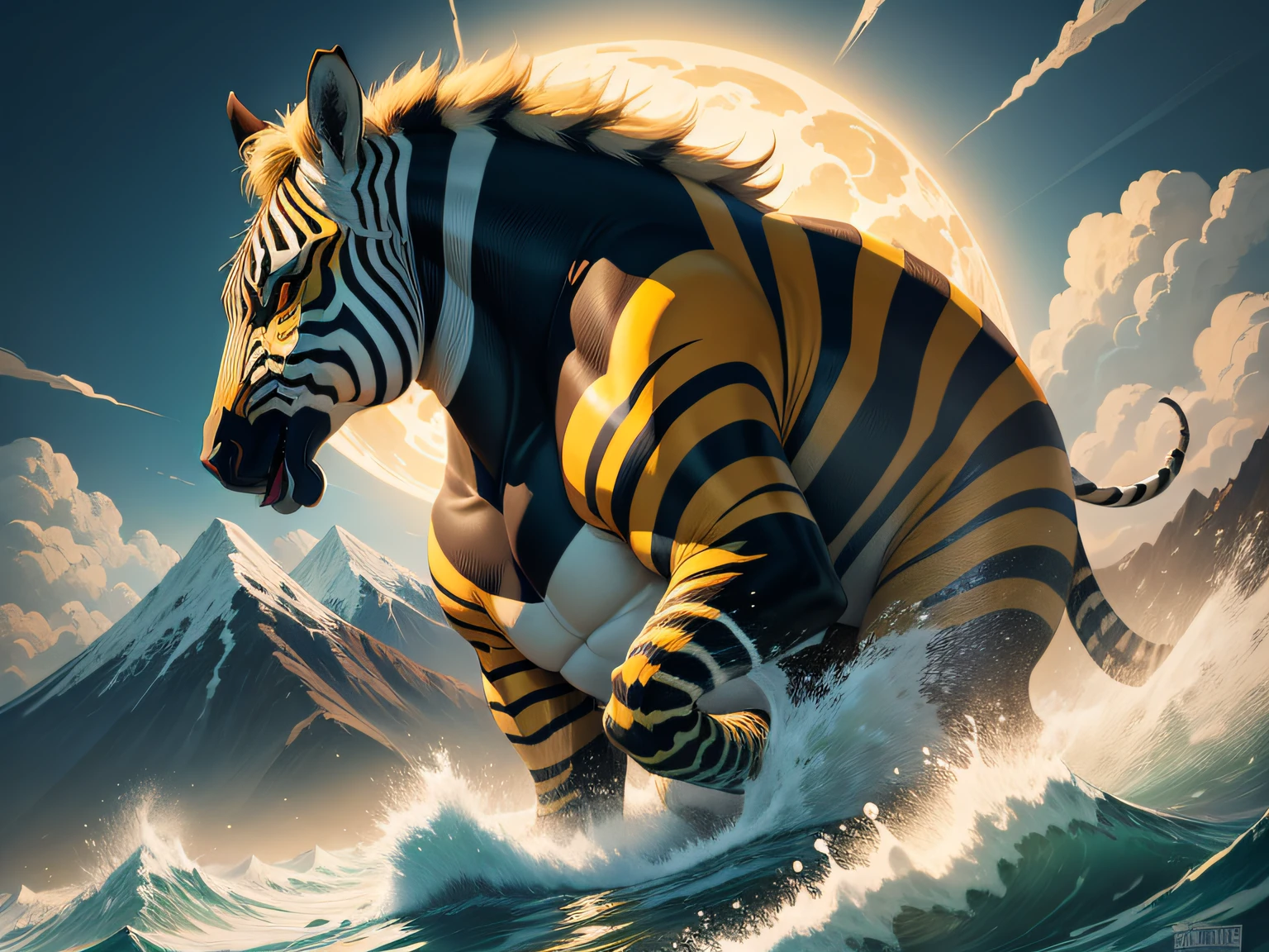 tmasterpiece，High Picture Quality, Dynamic cartoon style, Inspired by the Classic of Mountains and Seas，Chinese mythology and stories, Beast image, high saturated, Yellow zebra pattern, White head, Red tail。