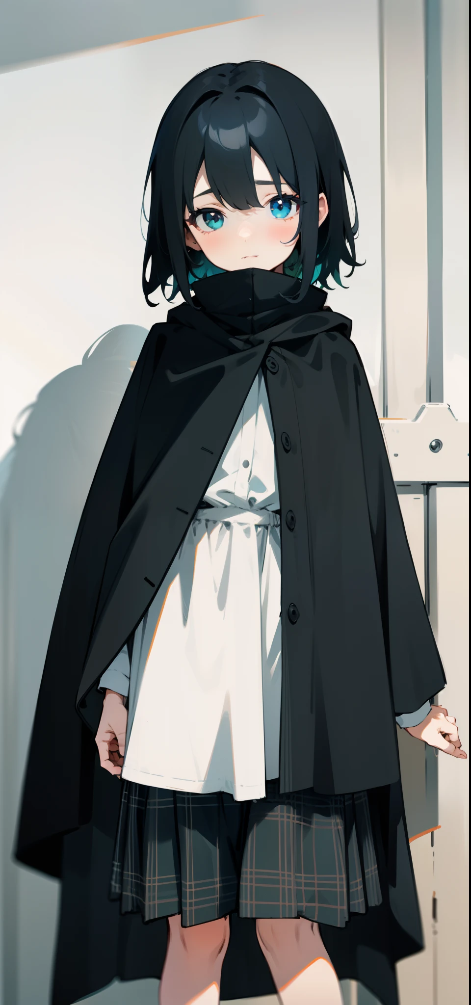 A girl of about 。Neat short black hair、The pupil color is blue-green、neutral face，She wears a black cloak, Wear a white shirt and a plaid skirt。