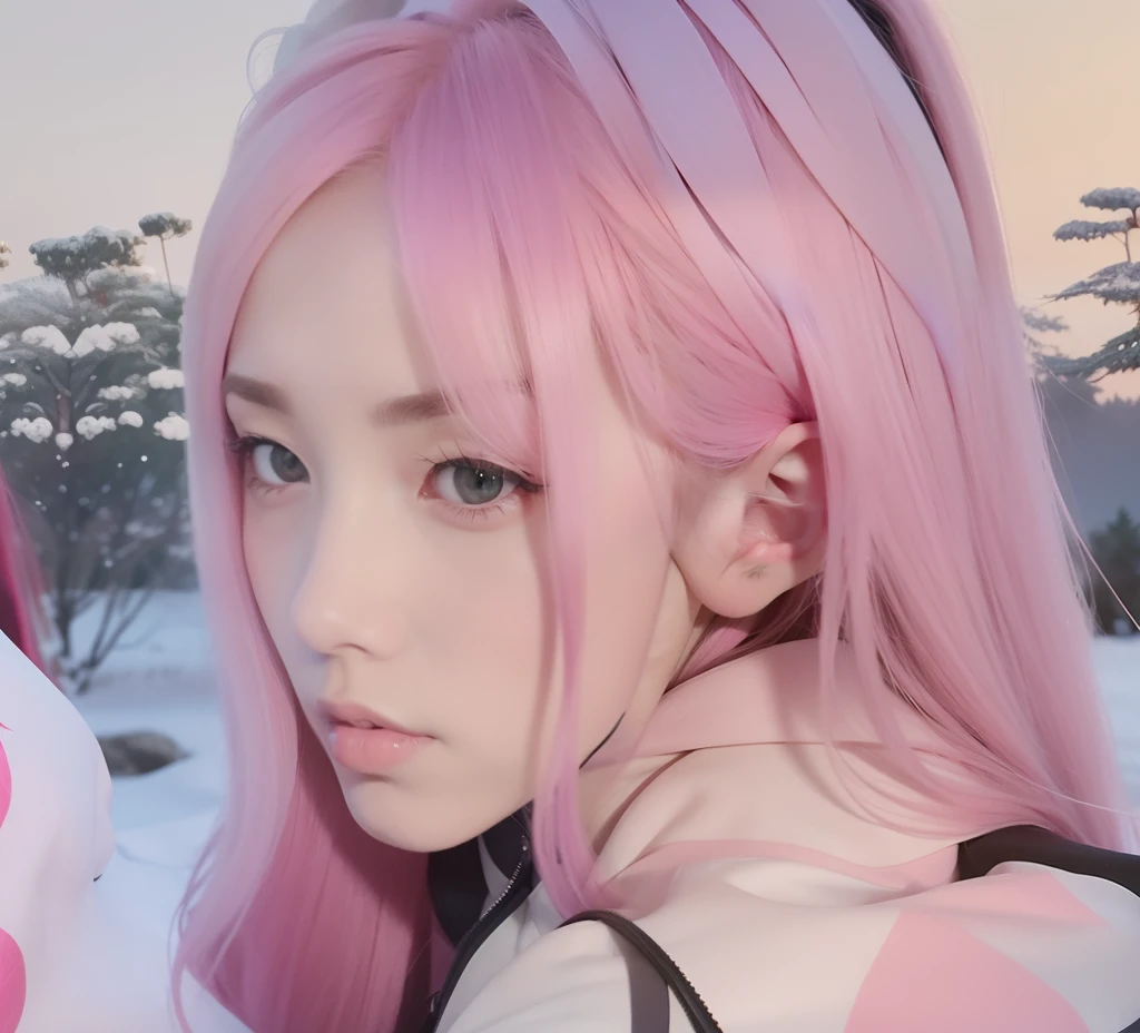 Sakura uchiha. A woman was at the edge of the forest. She was seen using only a black thangtop. He looks a little bent. And look back at the camera. She has long pink hair. White as snow. She looks so beautiful and realistic