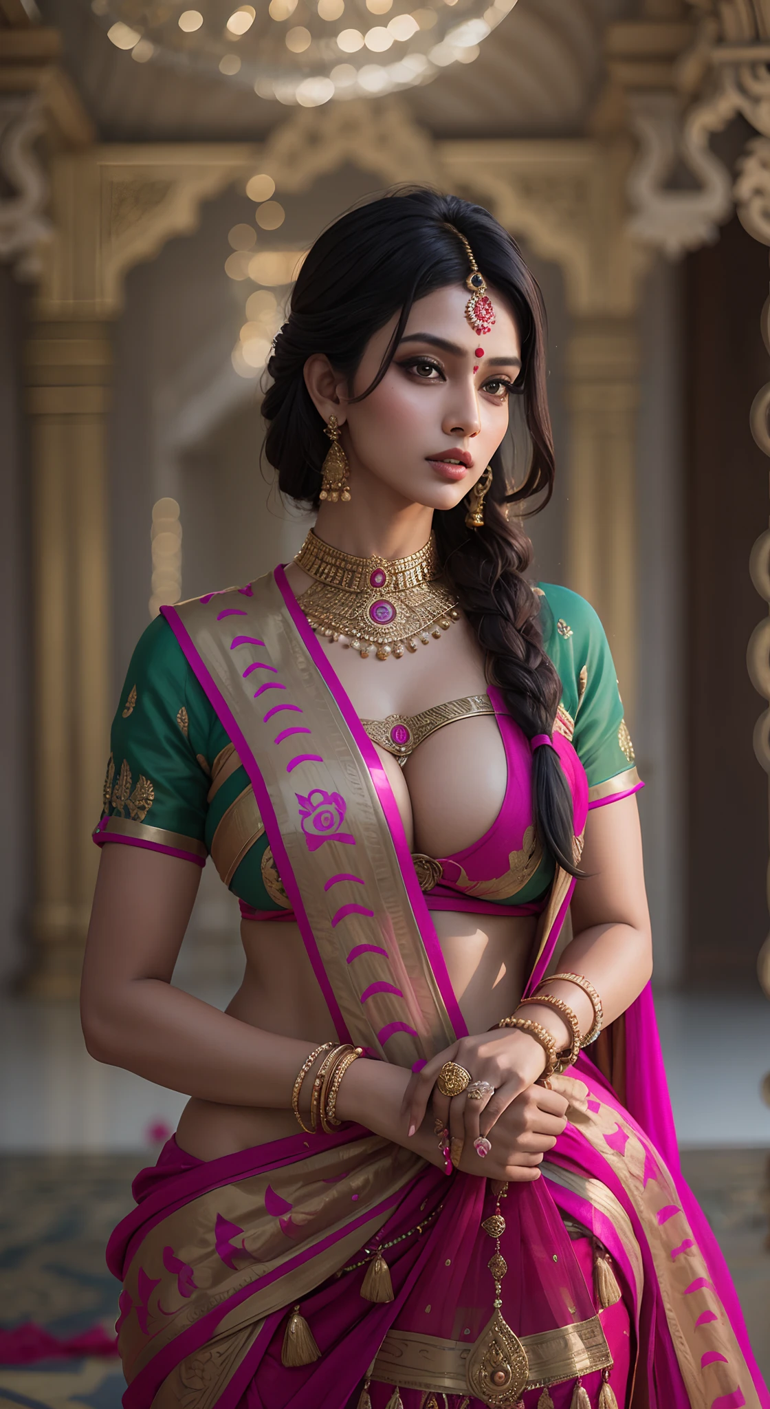 a woman in a sari posing for a picture, indian goddess, traditional beauty, indian, beautiful goddess, ornate cosplay, indian style, indian super model, beautiful maiden, gorgeous woman, south east asian with long, provocative indian, gorgeous beautiful woman, intricate outfit, hindu aesthetic, beautiful asian girl, extremely detailed goddess shot, jaw-dropping beauty, big boobs deep cleavage sexy navel, realistic photo, looking straight into camera